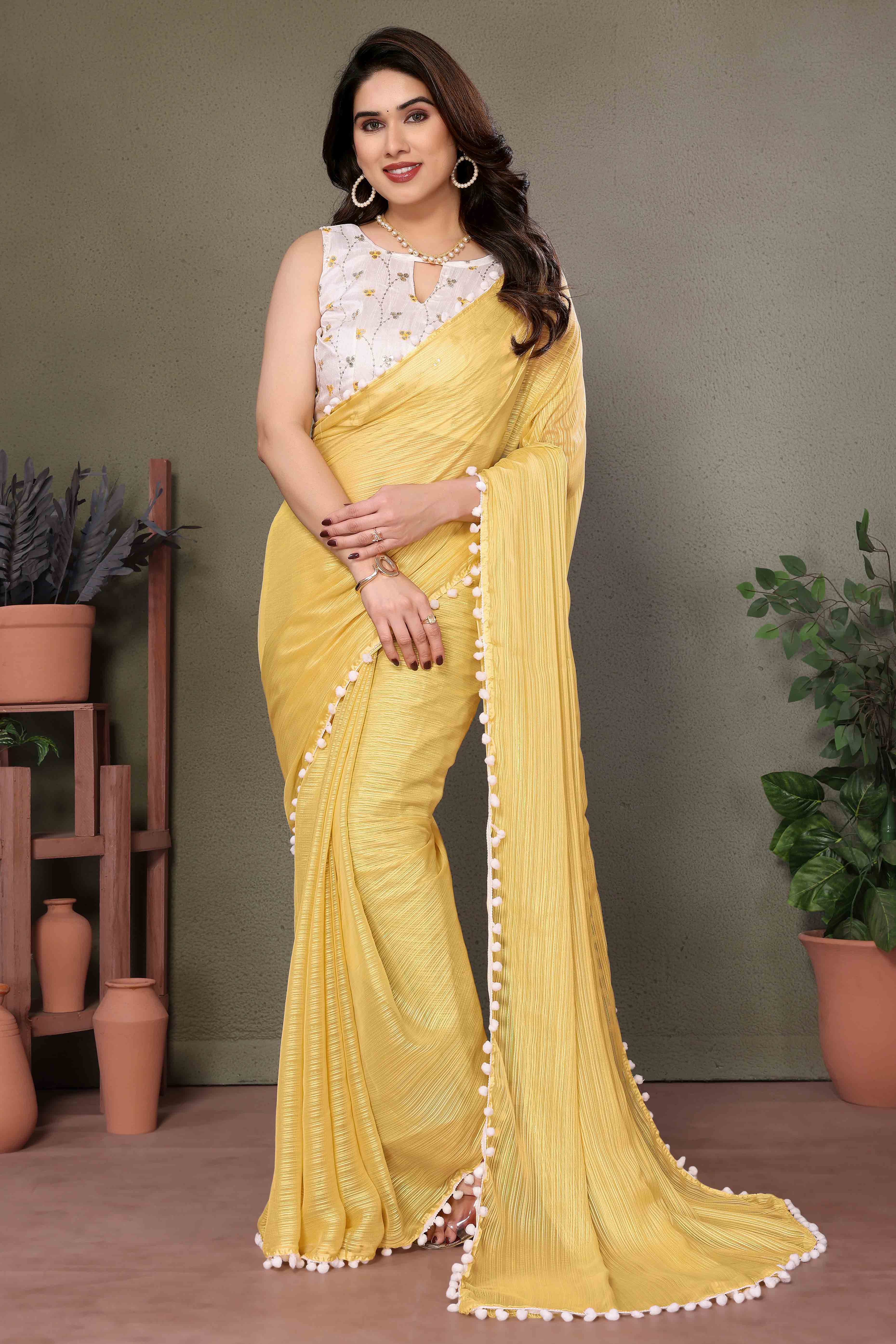 Yellow Zari Woven Satin Saree With Pompom Border