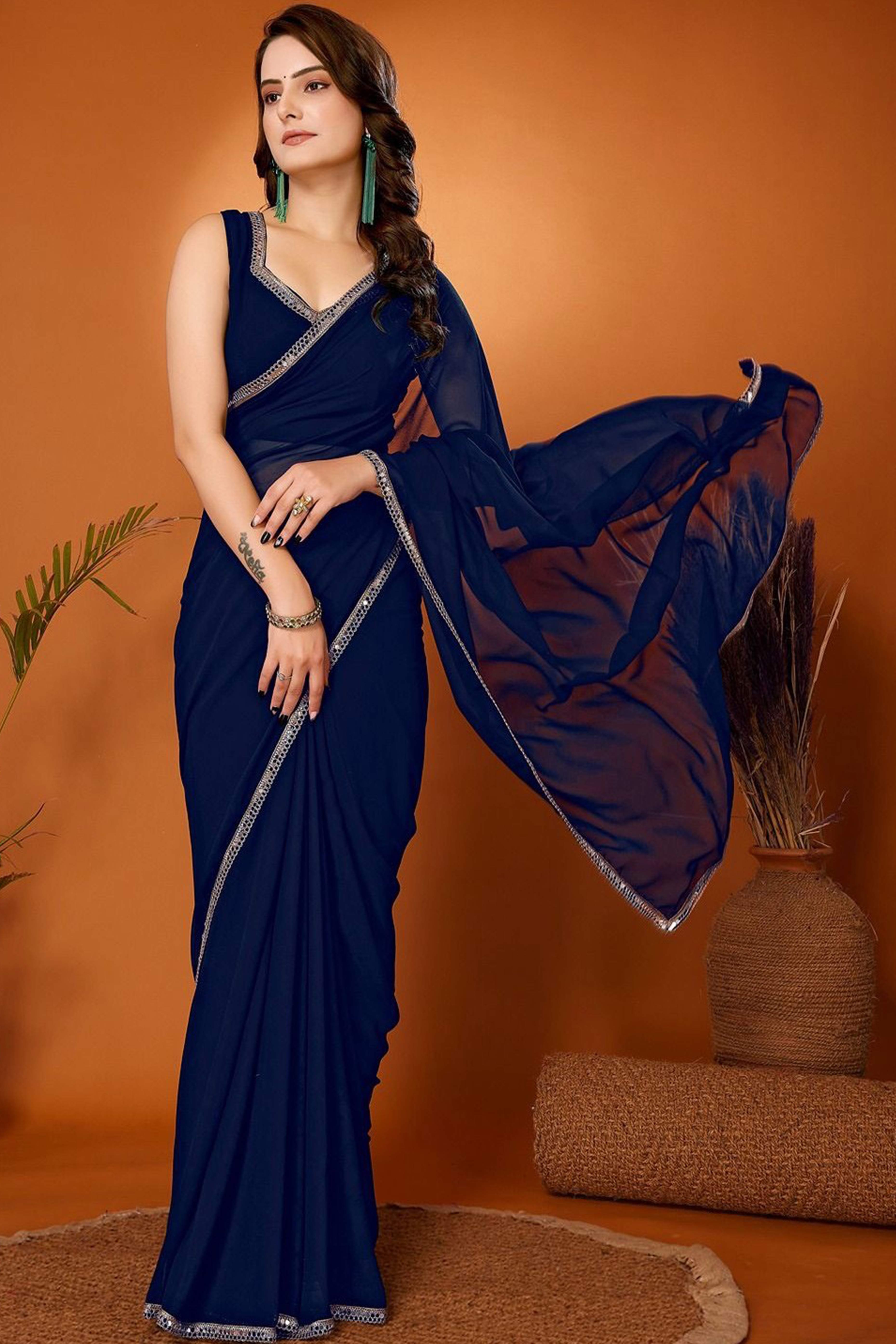 Blue Solid Georgette Saree With Mirror Border