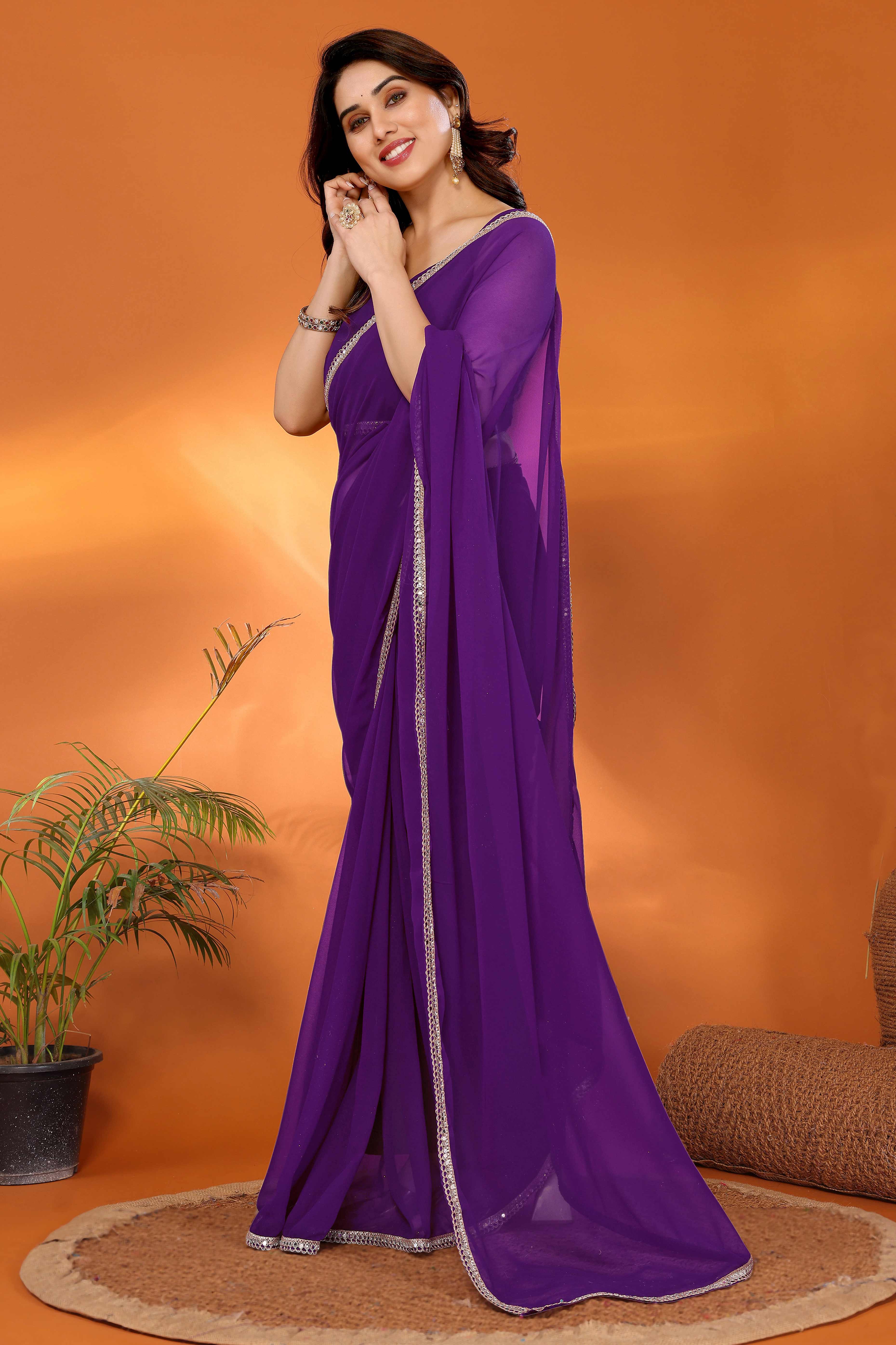 Elegant Dark Violet Saree with Glam Mirror Border