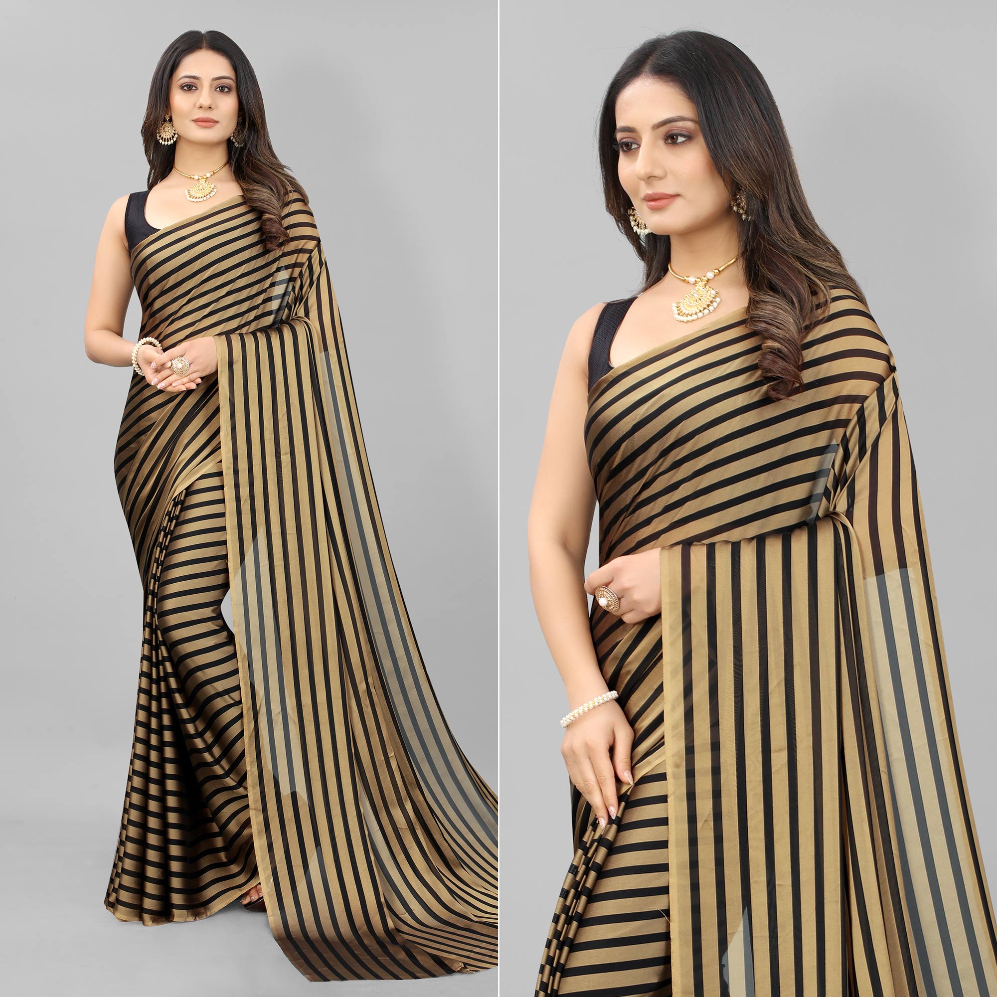 Gold Striped Printed Art Silk Saree