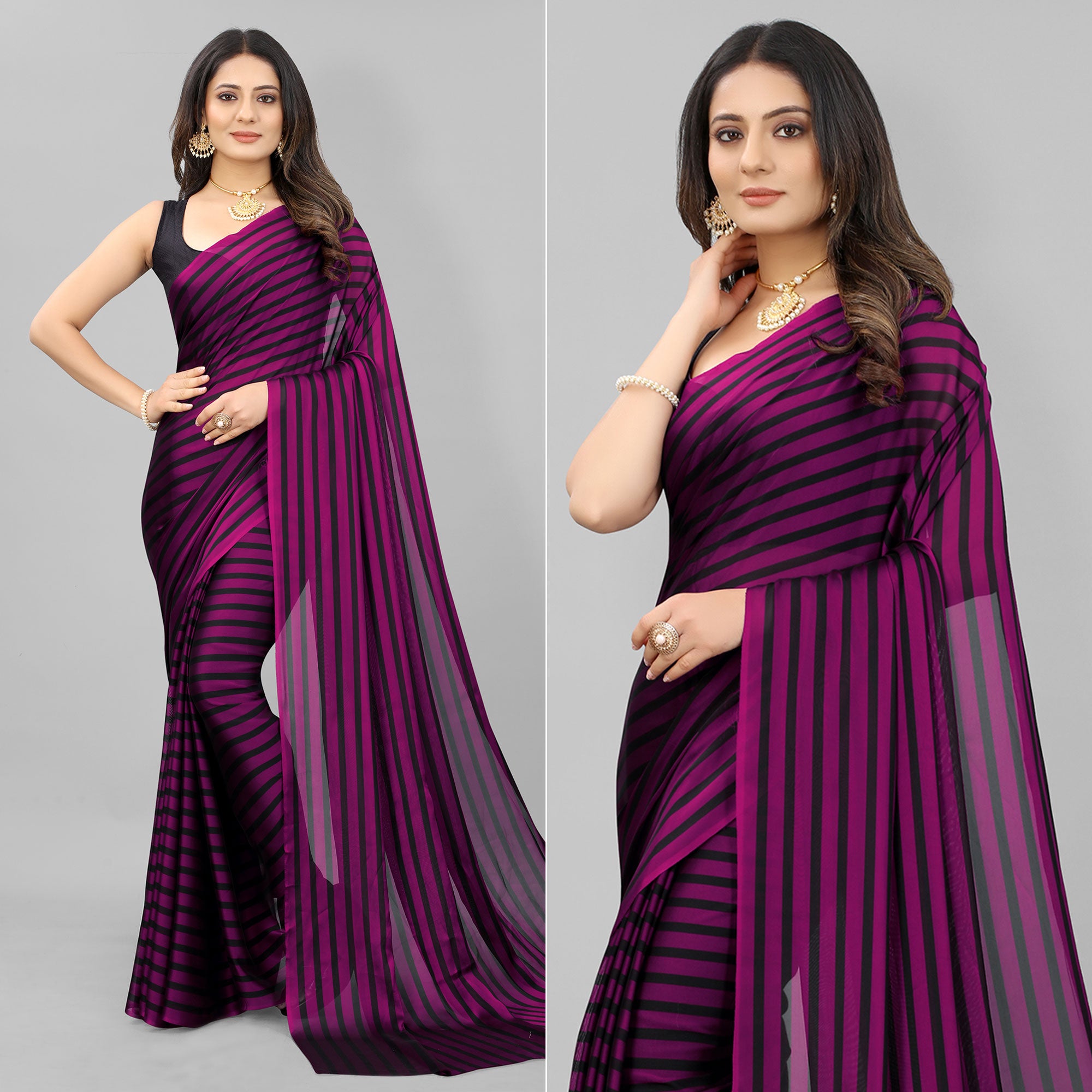 Purple Striped Printed Art Silk Saree