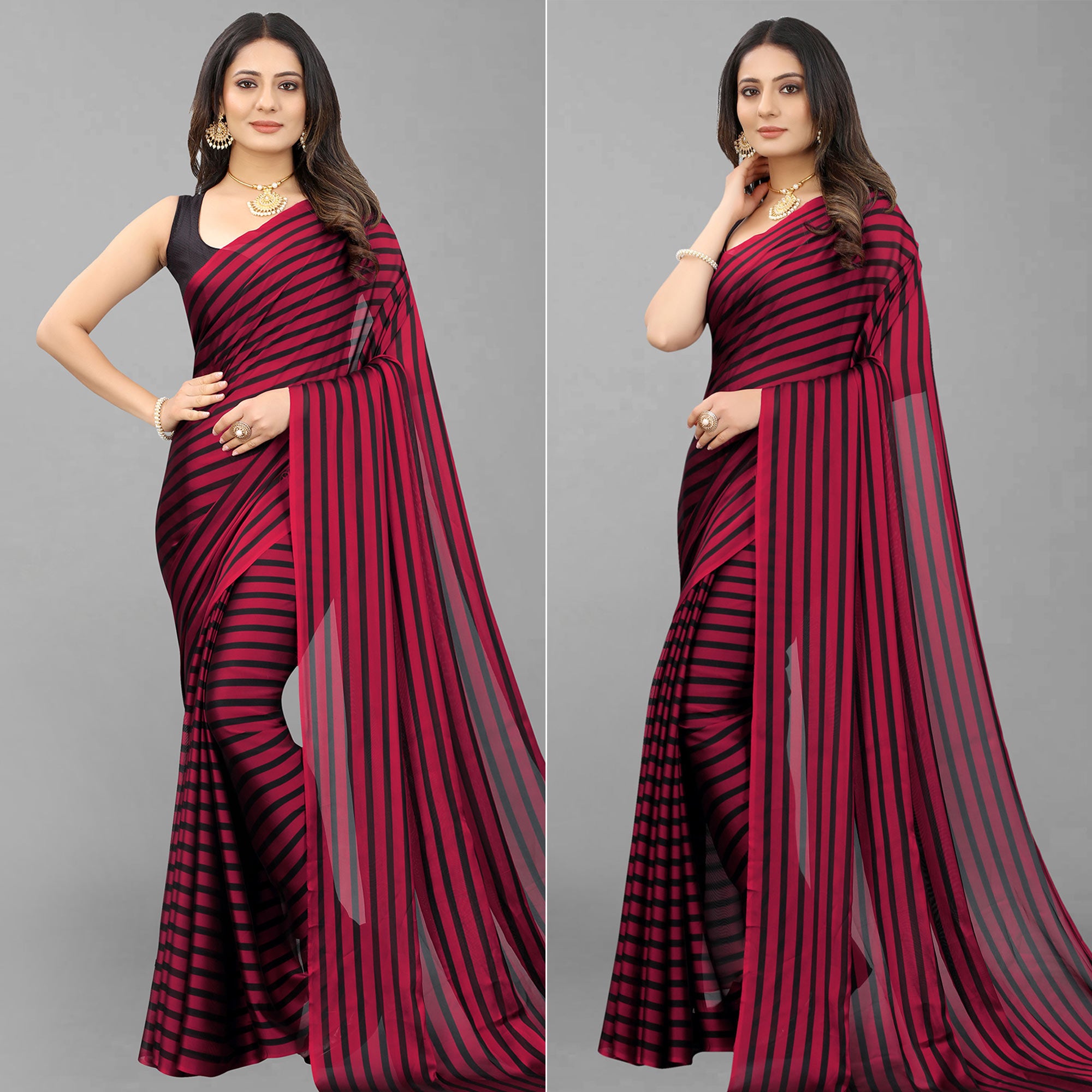 Red Striped Printed Art Silk Saree