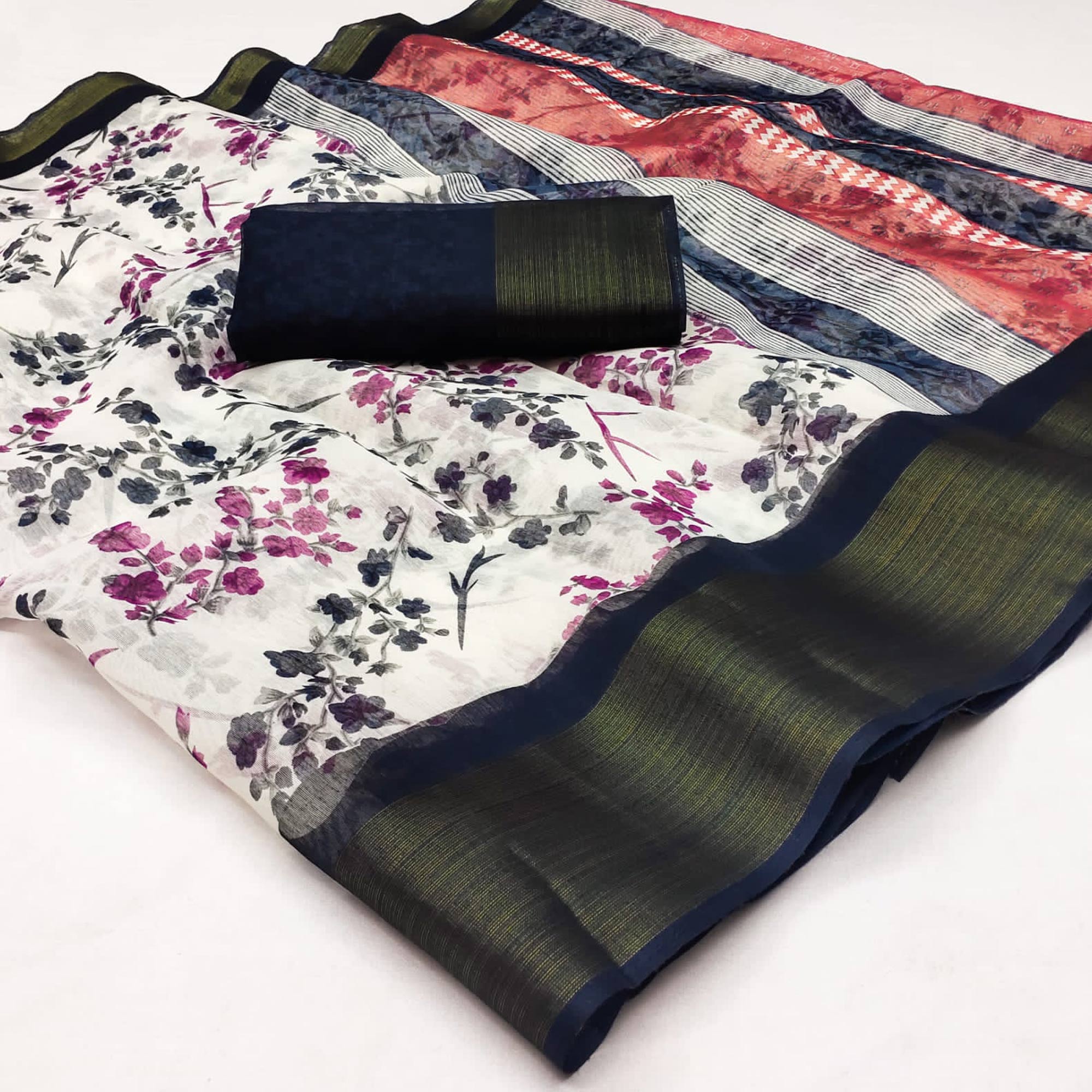 White & Black Floral Printed Cotton Blend Saree