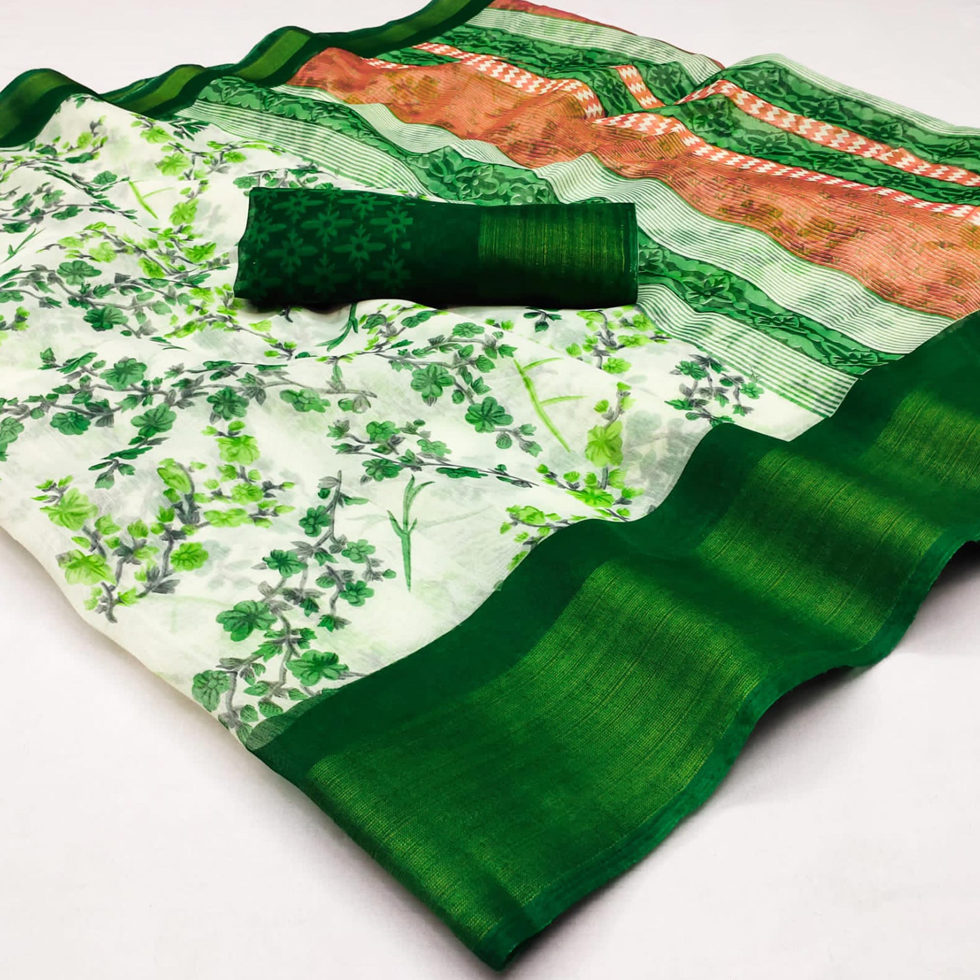 White & Dark Green Floral Printed Cotton Blend Saree
