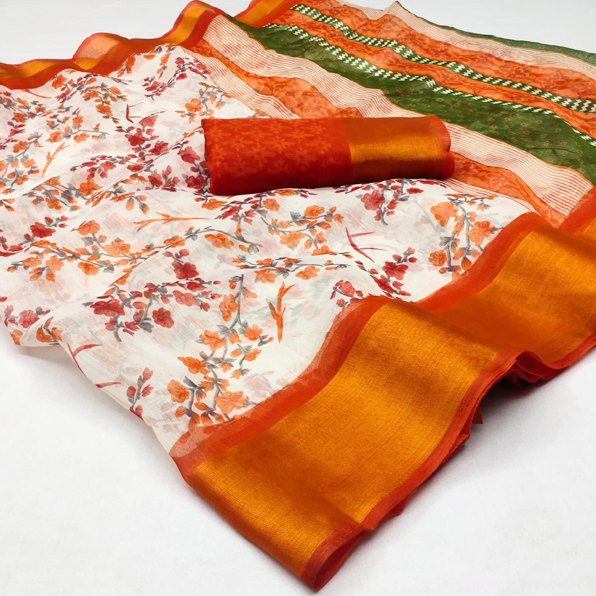White & Orange Floral Printed Cotton Blend Saree
