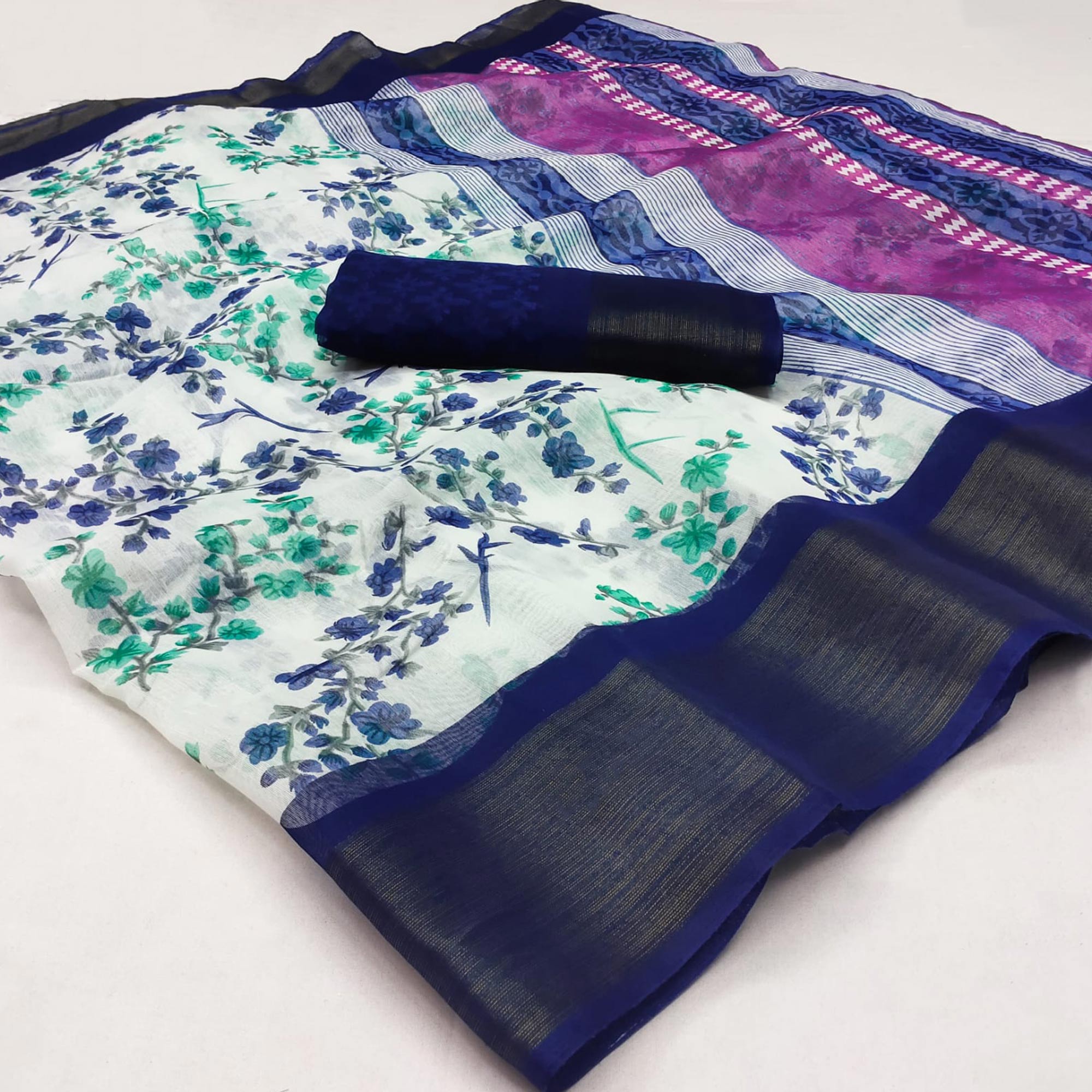 White & Rama Blue Floral Printed Cotton Blend Saree