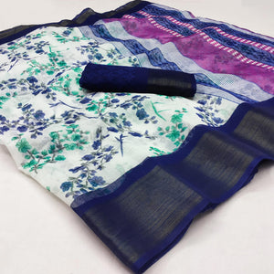 White & Rama Blue Floral Printed Cotton Blend Saree