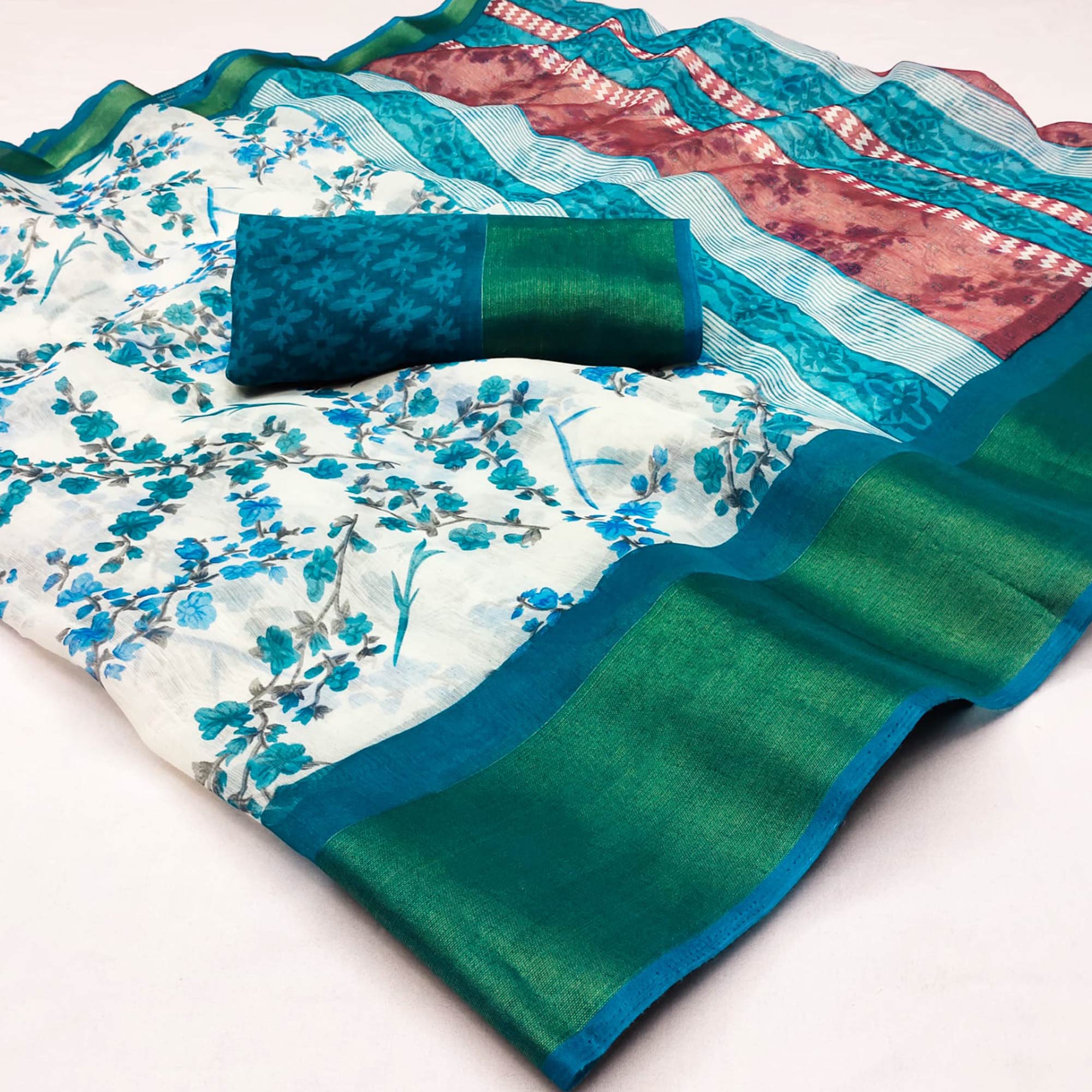 White & Teal Green Floral Printed Cotton Blend Saree