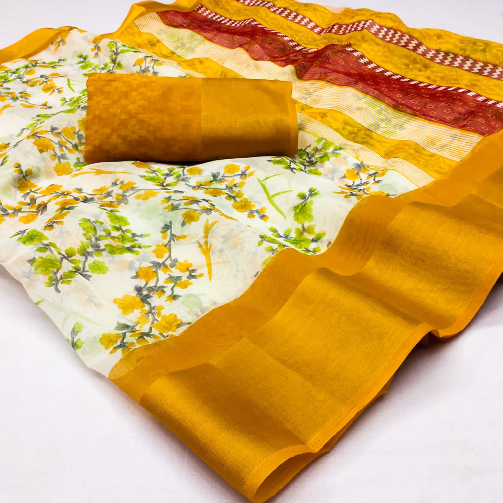 White & Yellow Floral Printed Cotton Blend Saree