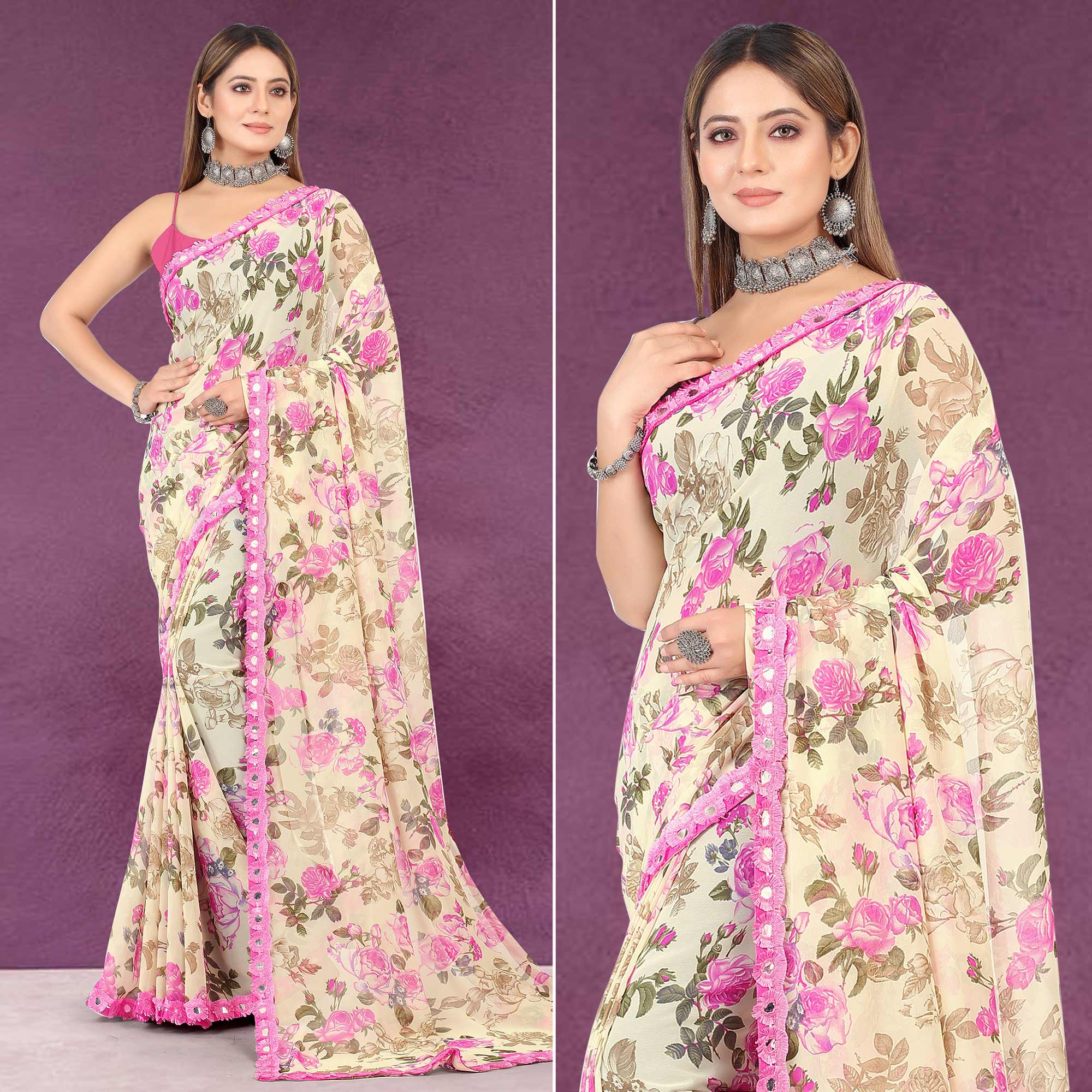 Beige Floral Printed Georgette Saree