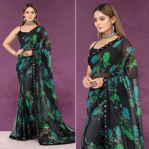 Black Floral Printed Georgette Saree