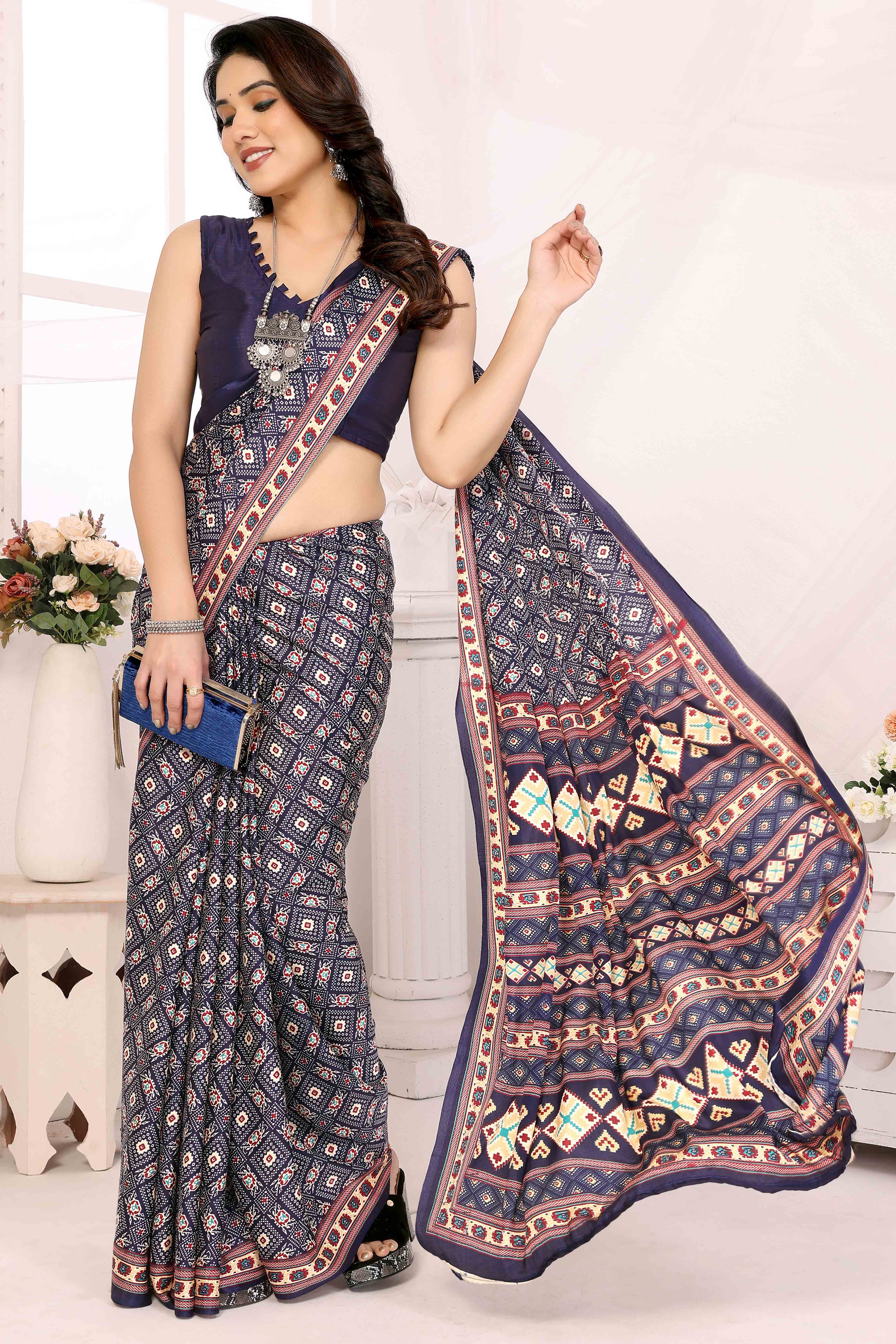 Blue Floral Printed Silk Crepe Saree