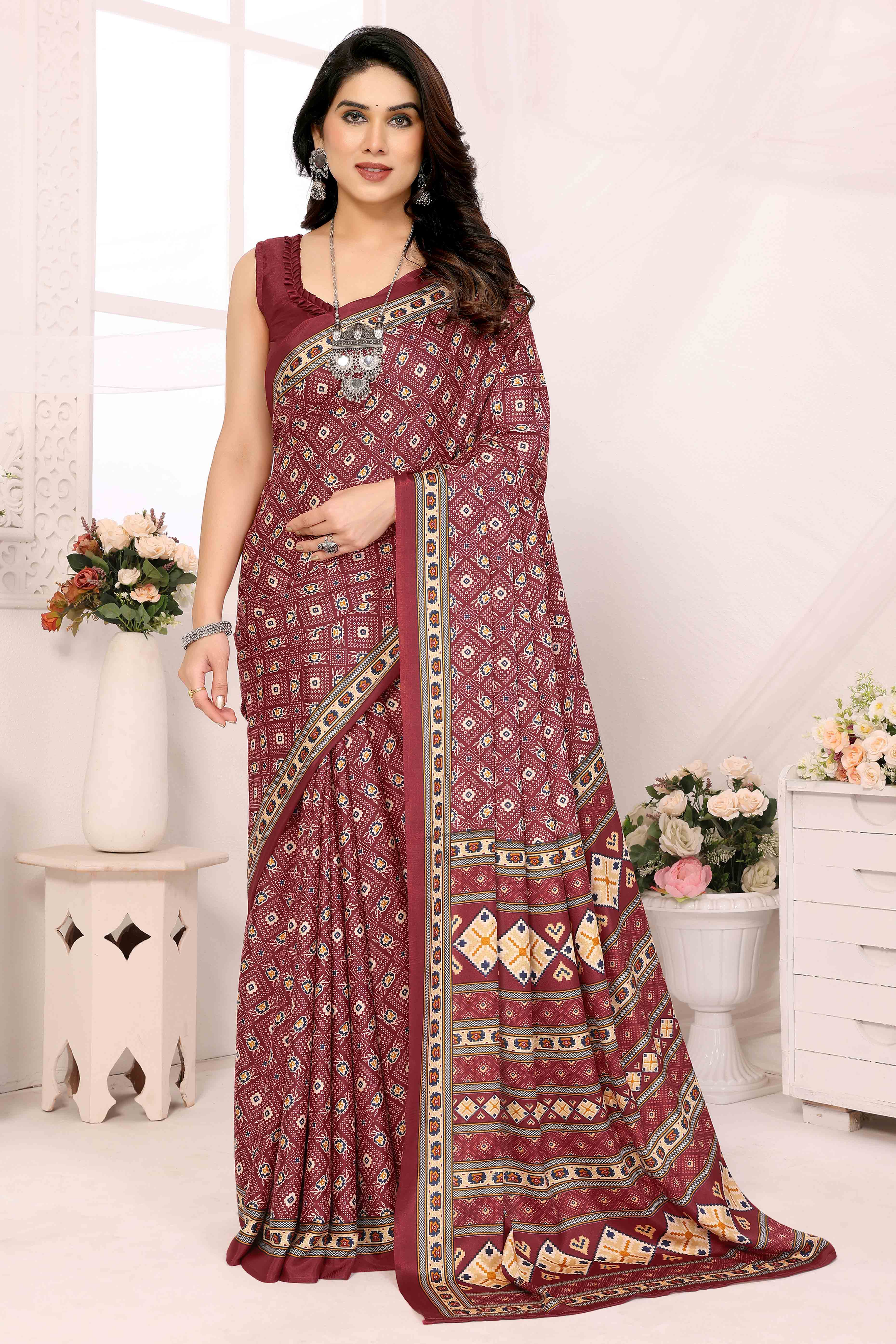 Maroon Floral Printed Silk Crepe Saree