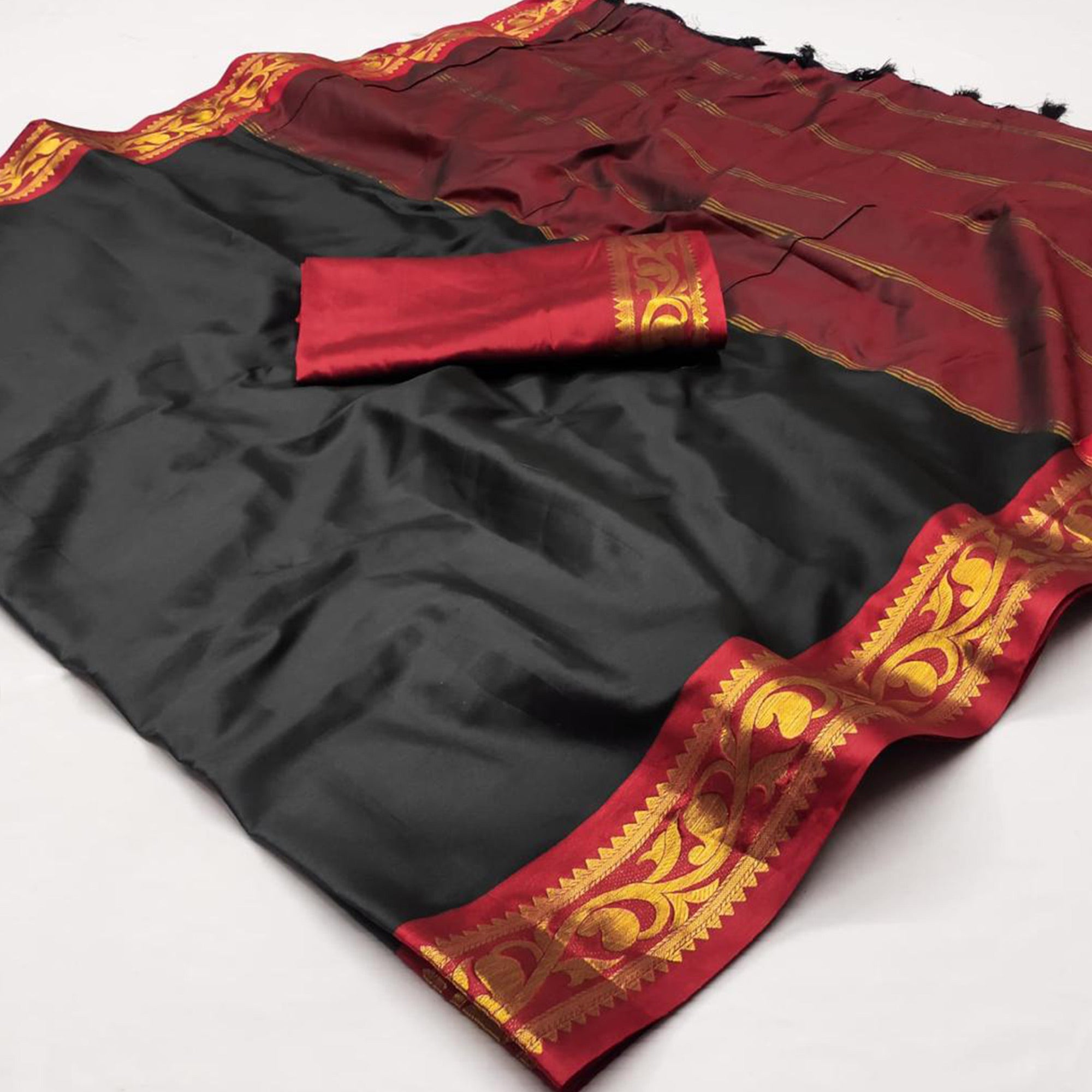 Black Woven Cotton Silk Saree With Tassels