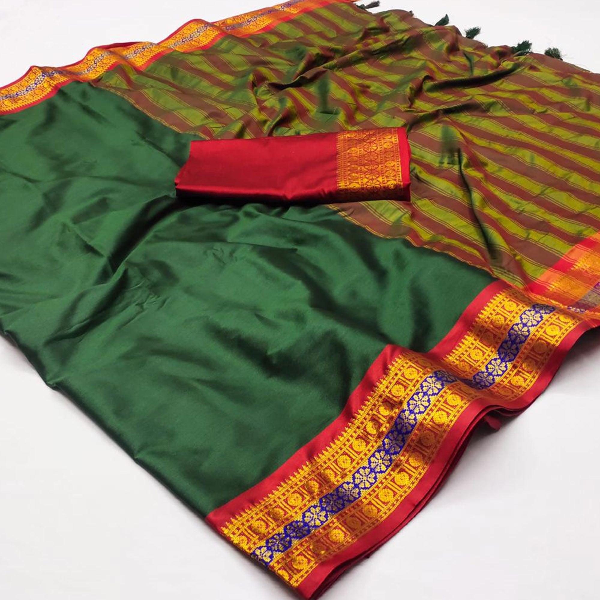 Bottle Green Woven Cotton Silk Saree With Tassels