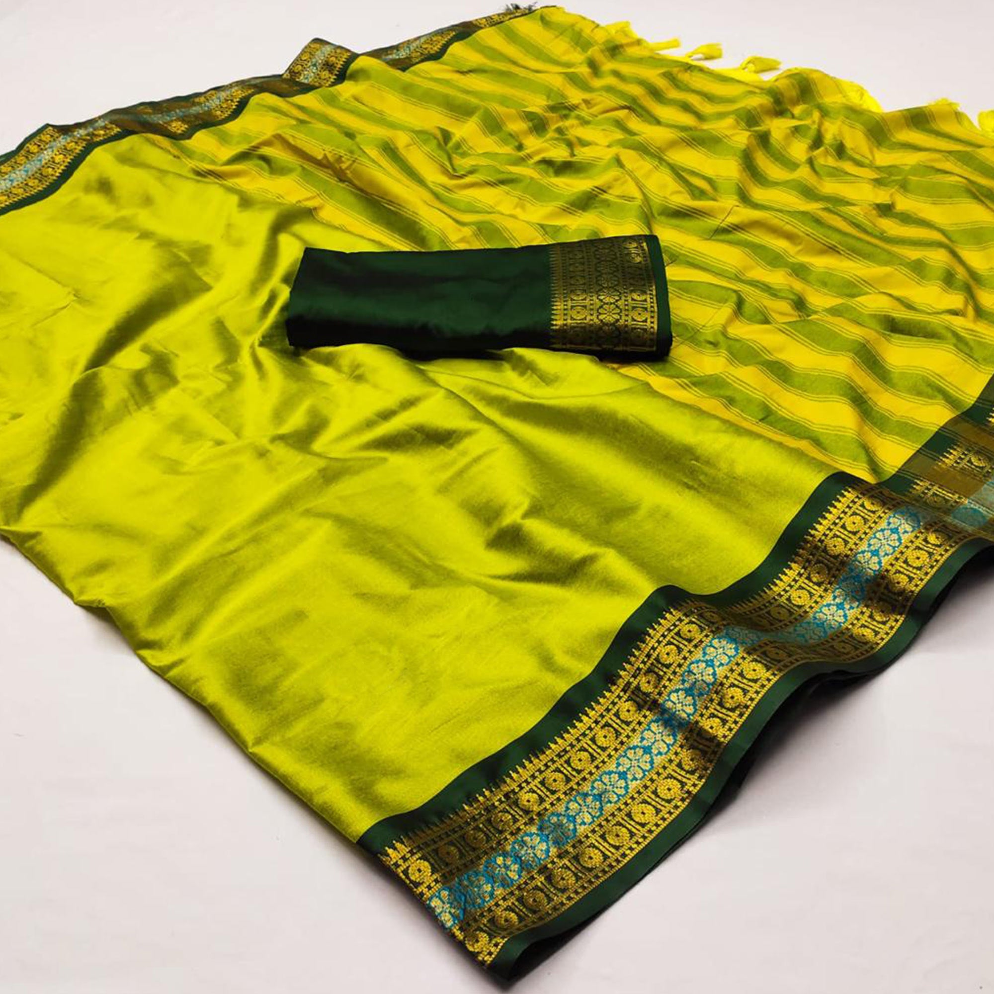 Lemon Yellow Woven Cotton Silk Saree With Tassels