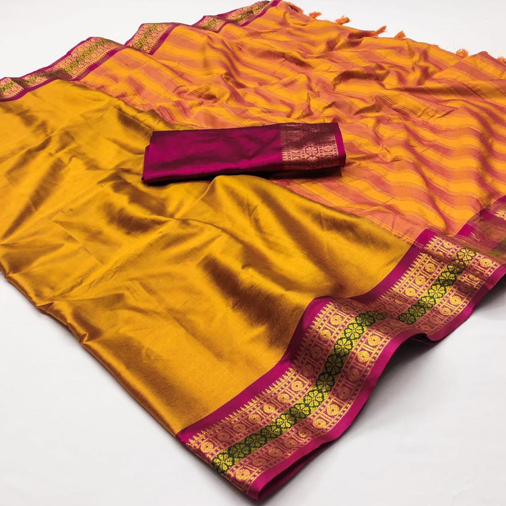 Mustard Woven Cotton Silk Saree With Tassels