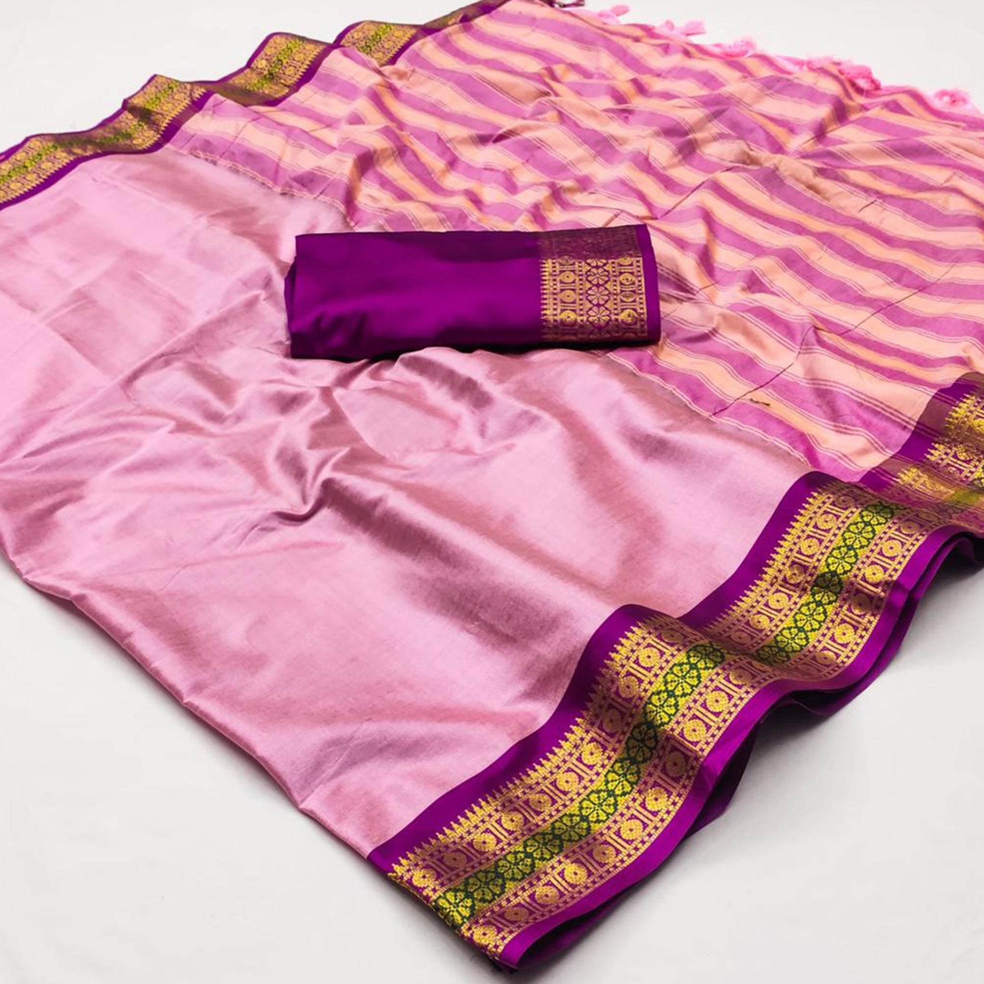 Pink Woven Cotton Silk Saree With Tassels