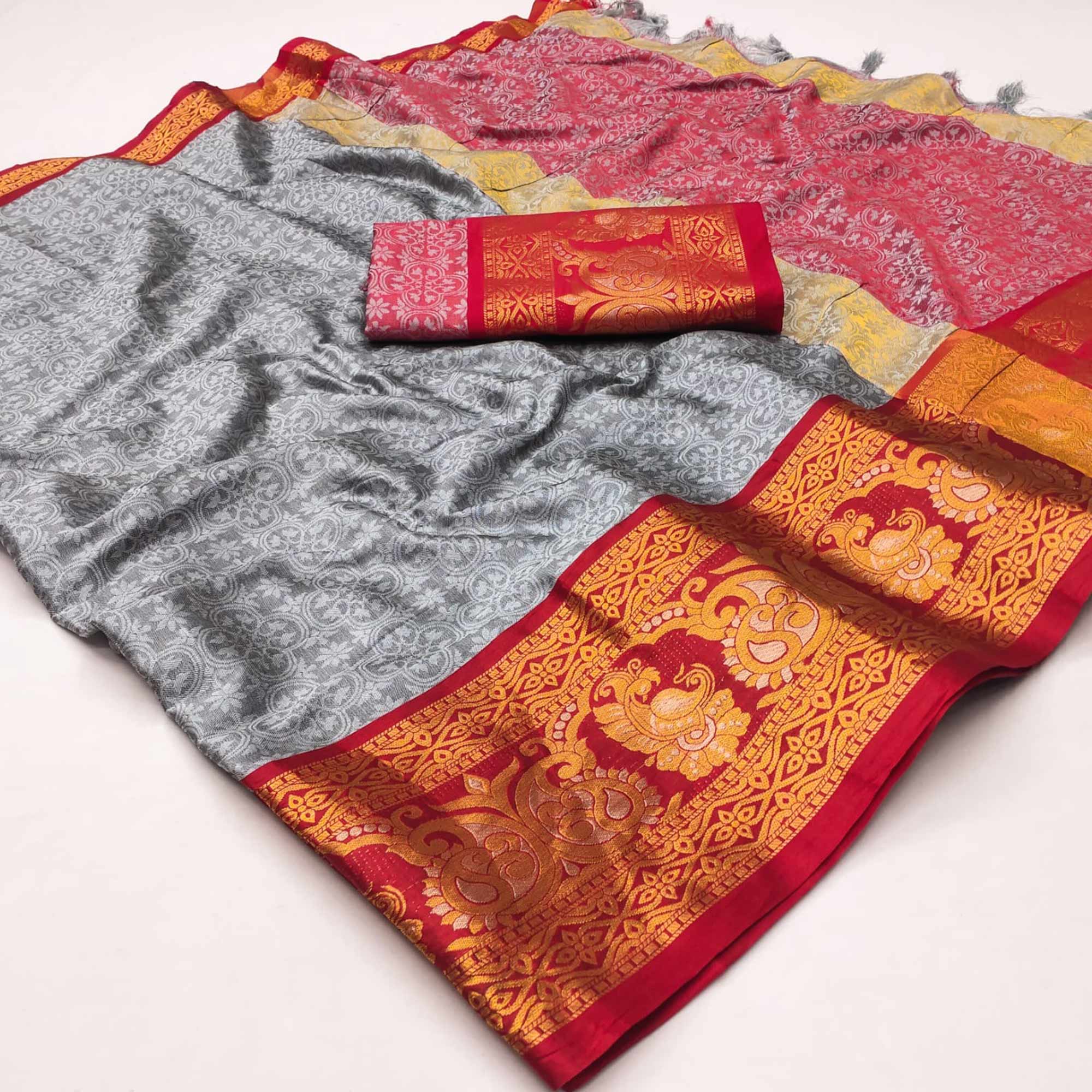 Grey Floral Woven Cotton Silk Saree With Tassels