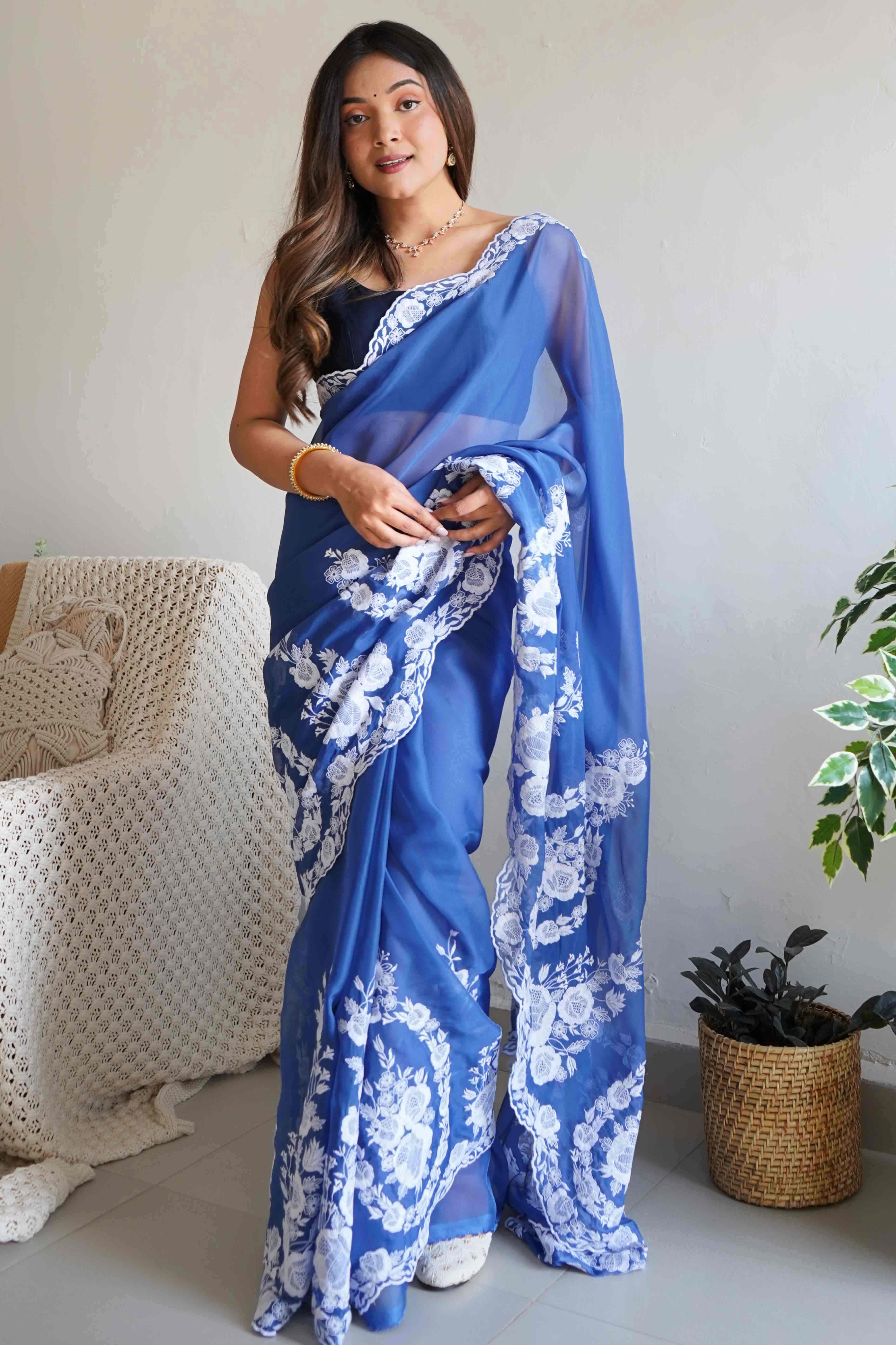 Blue Embroidered Georgette Saree Featuring Ornate Heavy Thread Work