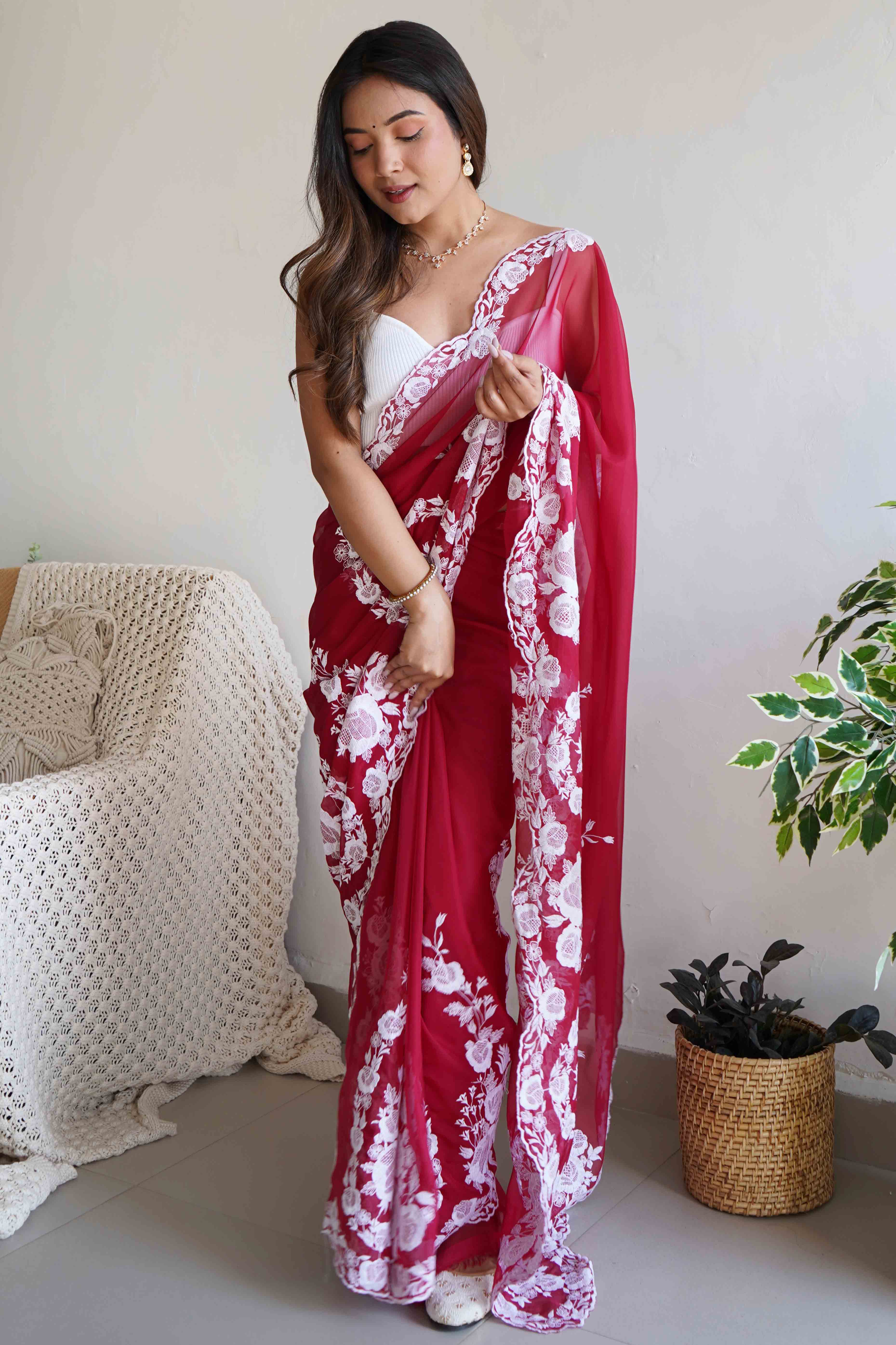Red Embroidered Georgette Saree Featuring Ornate Heavy Thread Work