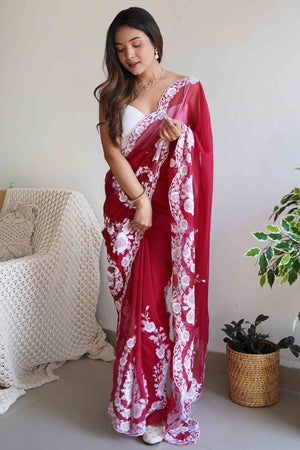 Red Embroidered Georgette Saree Featuring Ornate Heavy Thread Work
