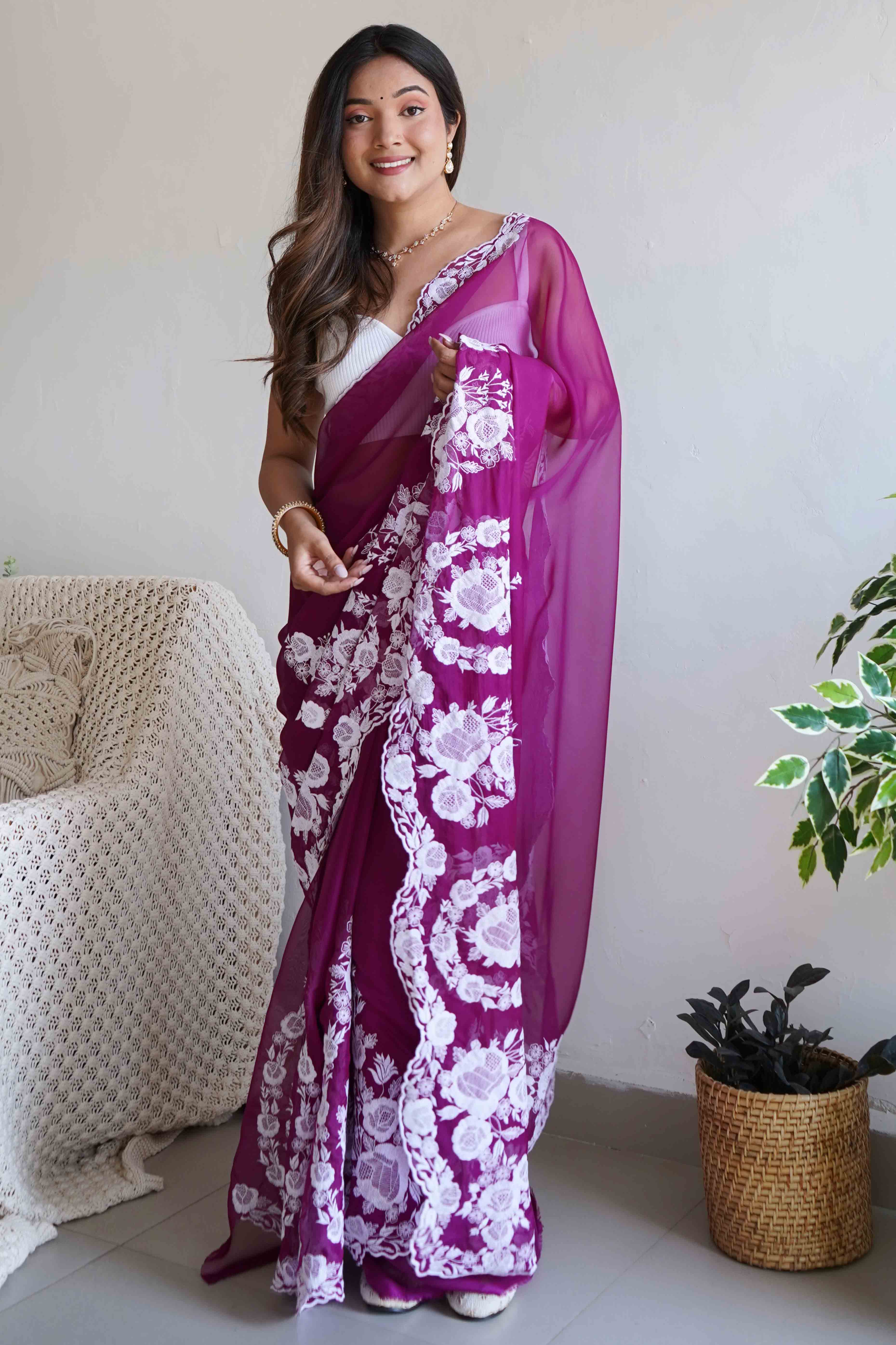 Wine Embroidered Georgette Saree Featuring Ornate Heavy Thread Work