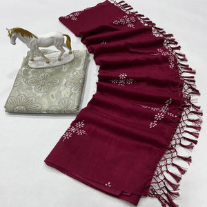 Wine Floral Printed Muslin Saree With Tassels