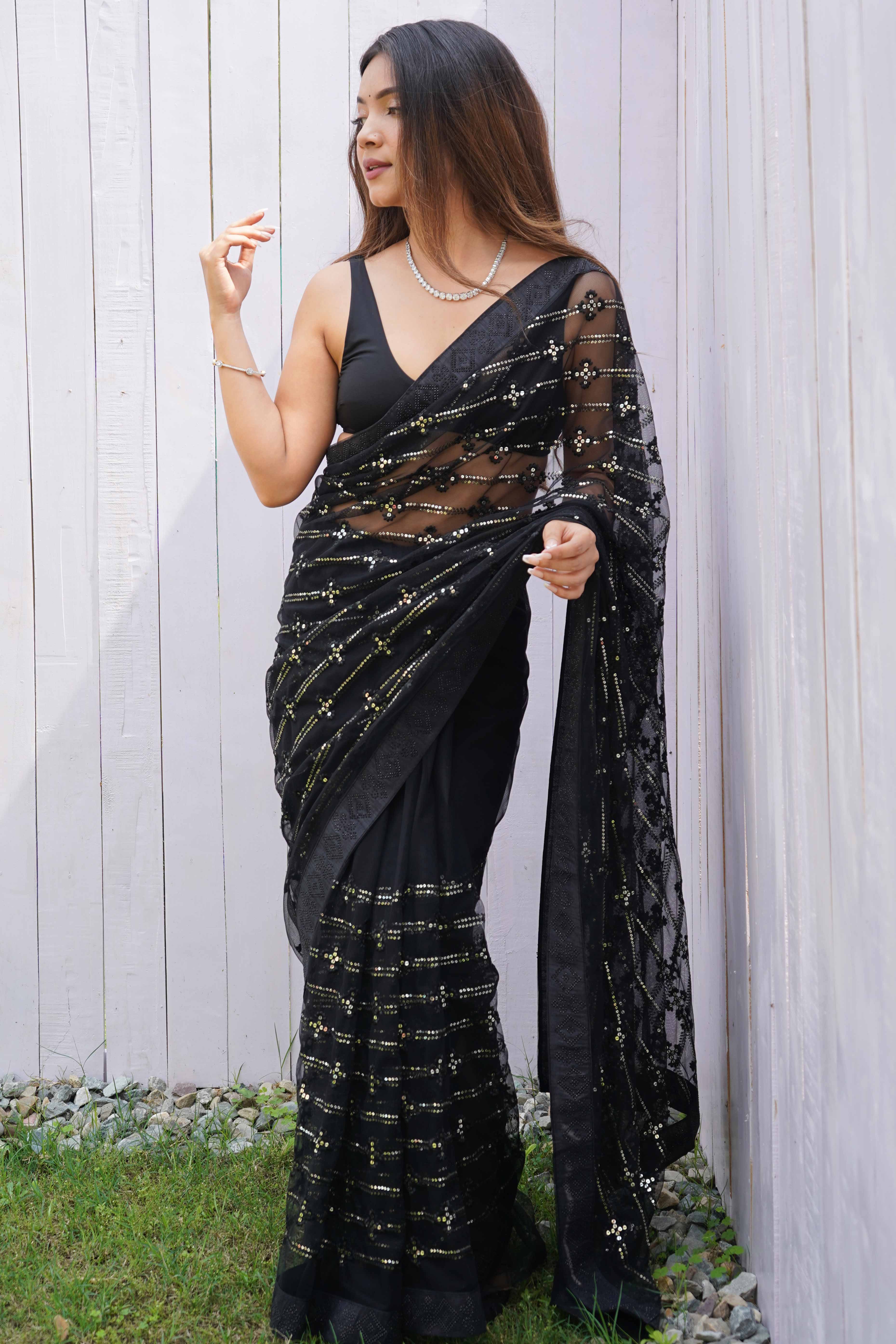 Black Net Saree Featuring Intricate Thread & Sequins Work With A Luxe Diamond Border