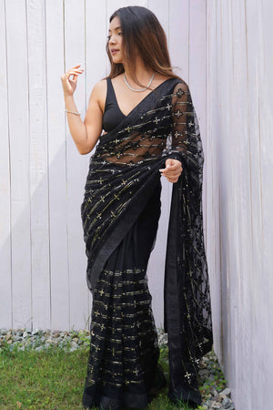 Black Net Saree Featuring Intricate Thread & Sequins Work With A Luxe Diamond Border