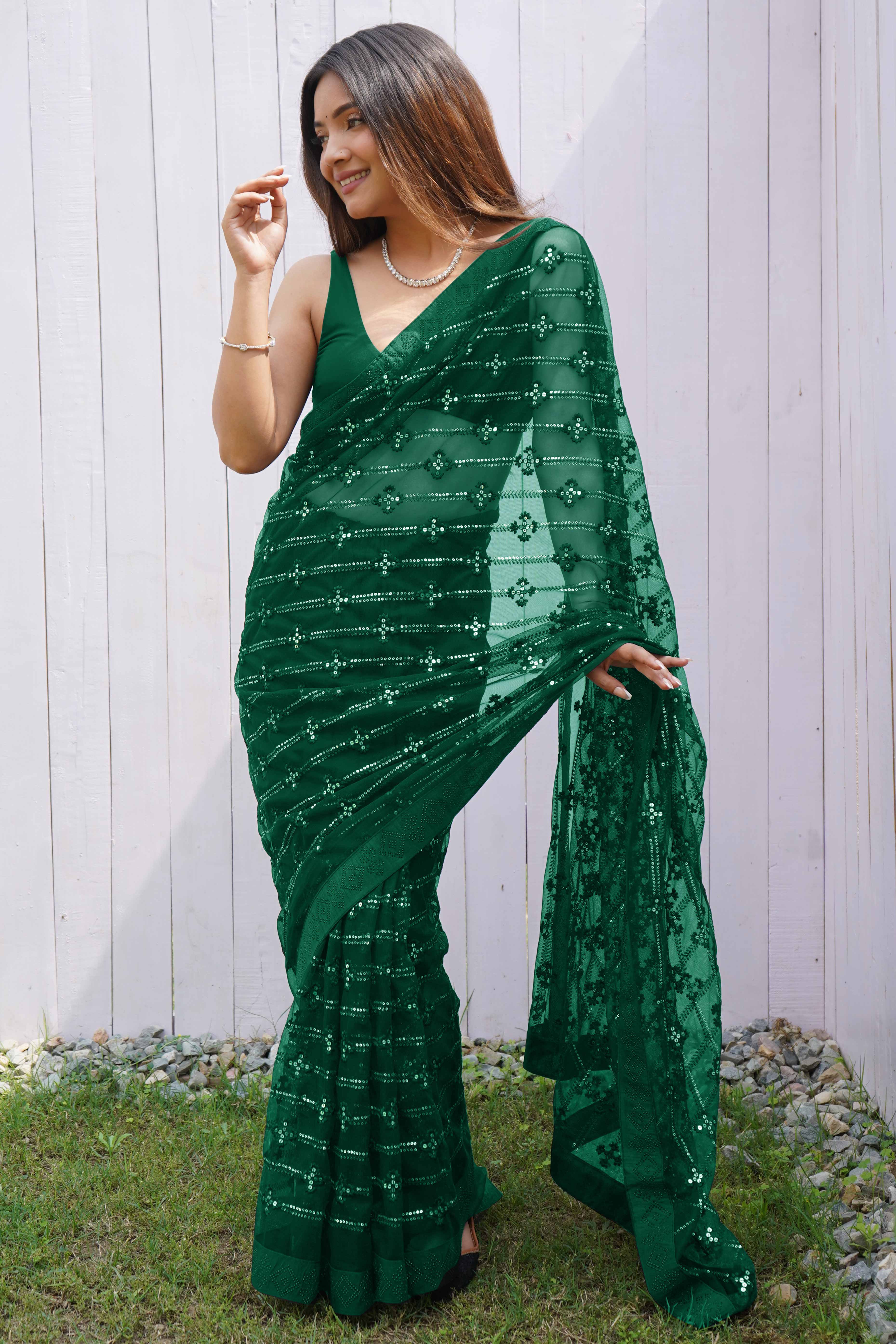 Bottle Green Net Saree Featuring Intricate Thread & Sequins Work With A Luxe Diamond Border