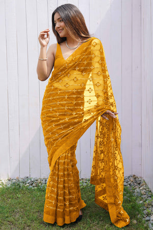 Mustard Net Saree Featuring Intricate Thread & Sequins Work With A Luxe Diamond Border