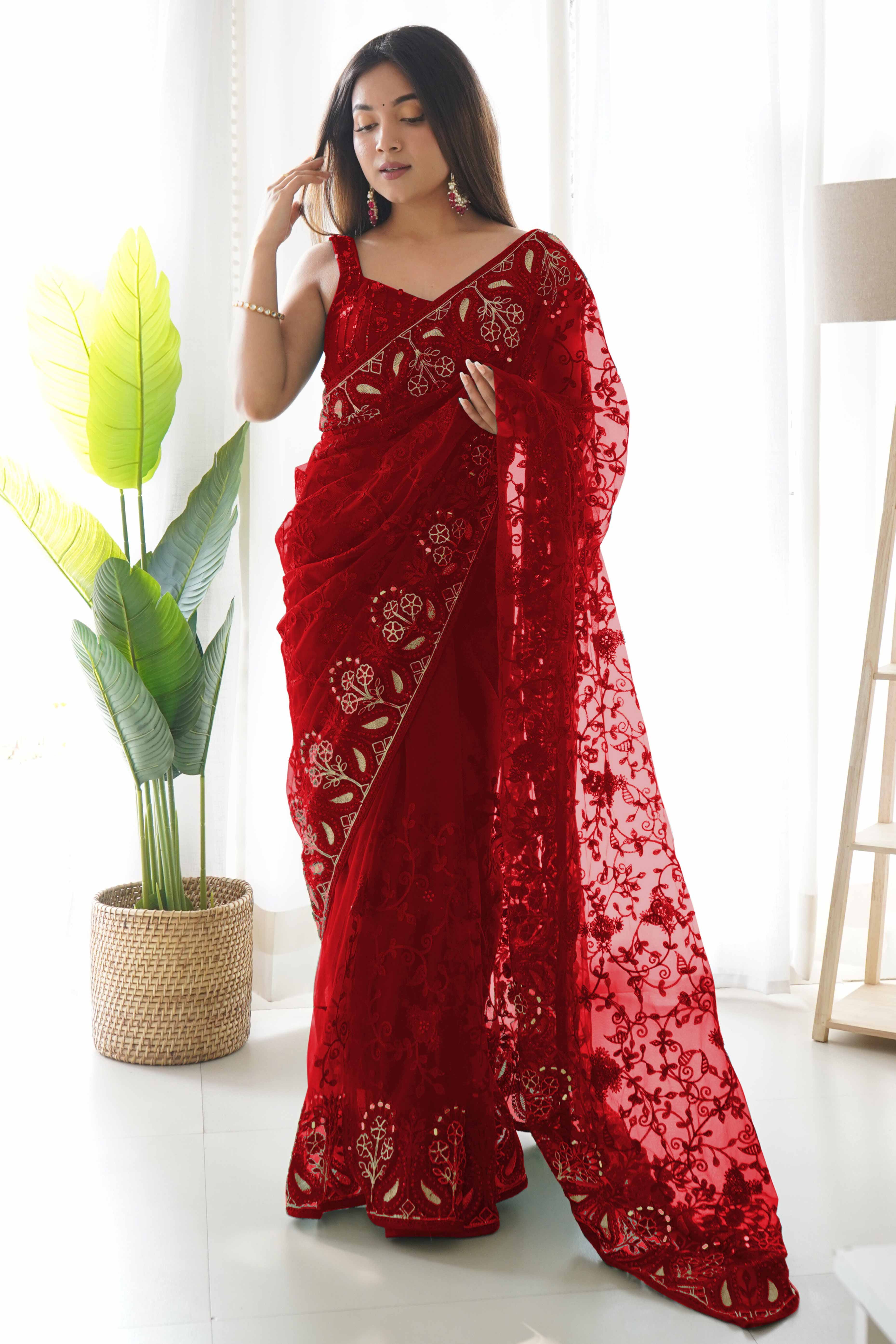 Maroon Net Saree With Floral Thread Embroidery Adorned In Stone & Mirror Accents