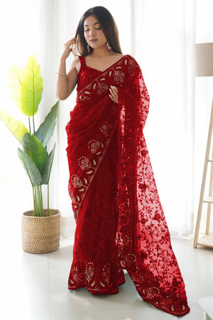 Maroon Net Saree With Floral Thread Embroidery Adorned In Stone & Mirror Accents