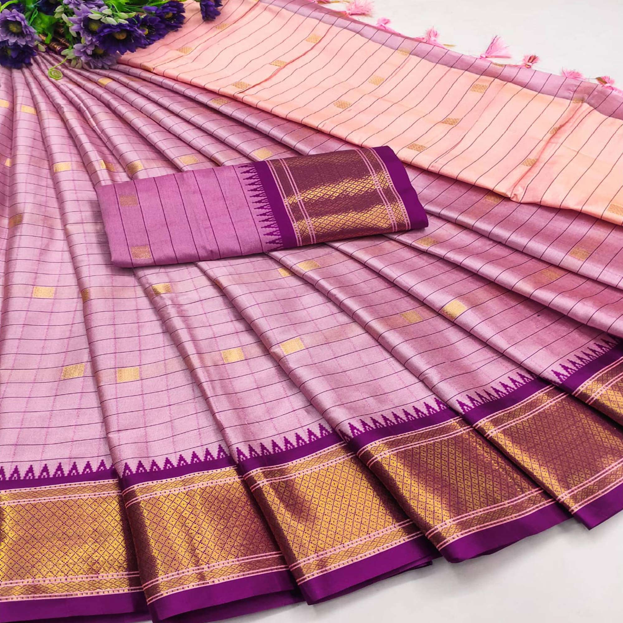 Baby Pink & Purple Woven Cotton Silk Saree With Tassels