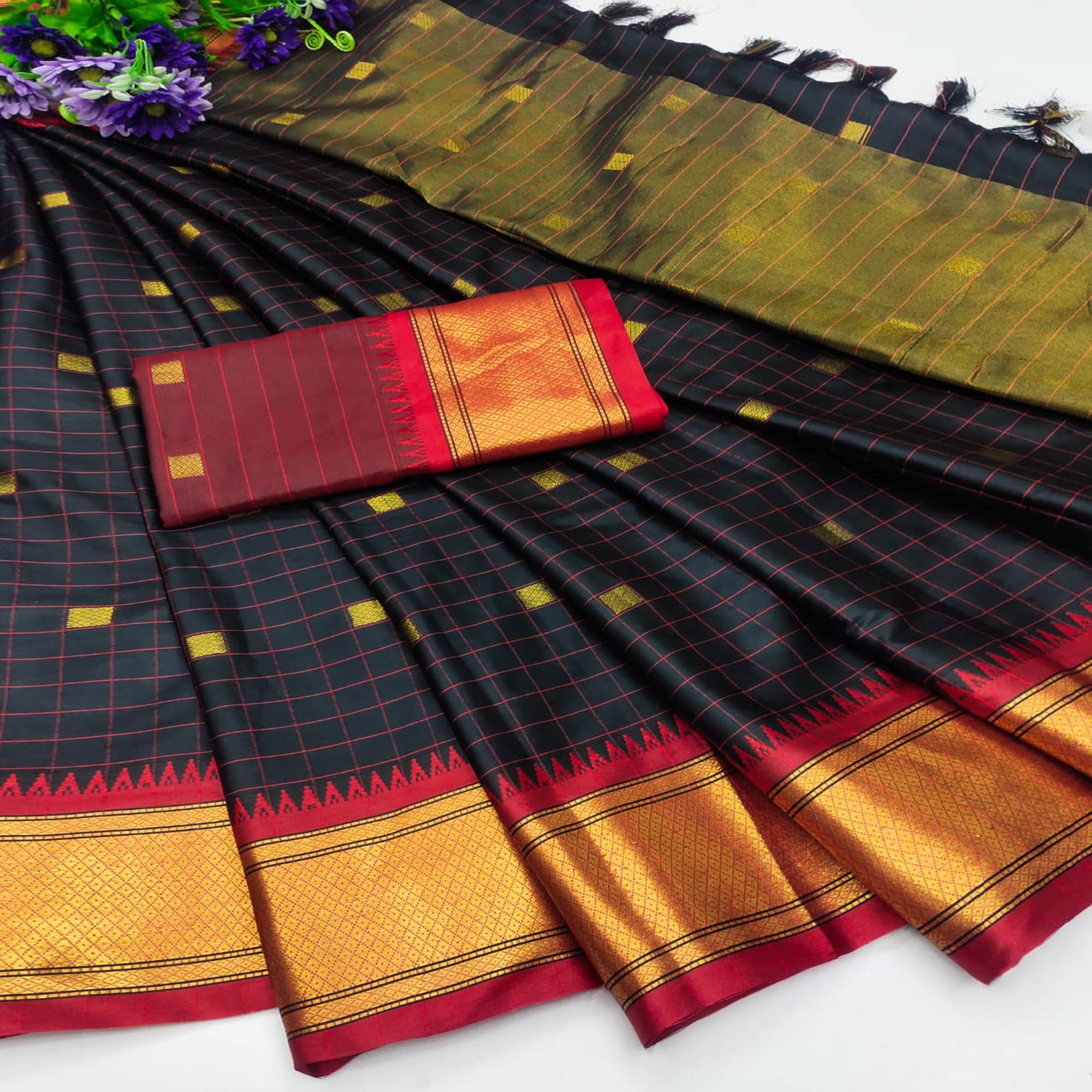 Black Woven Cotton Silk Saree With Tassels