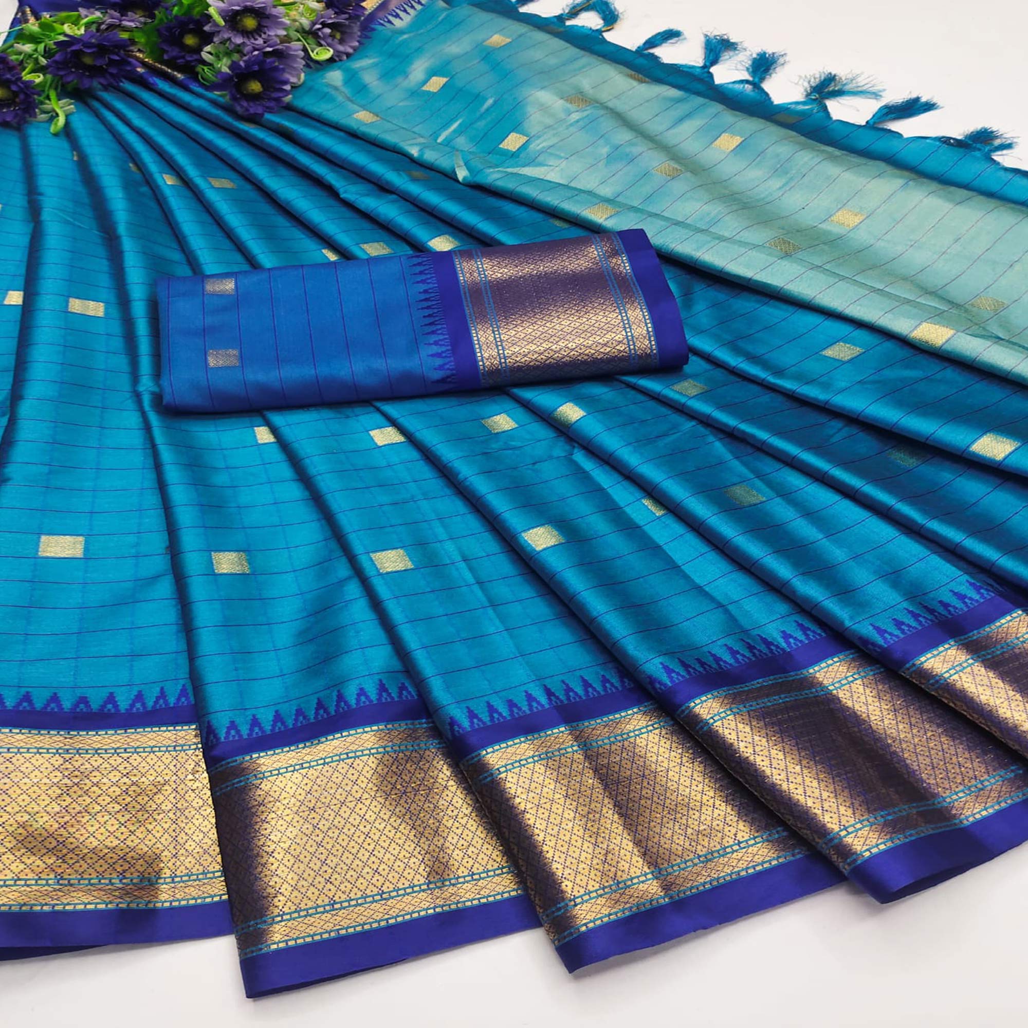 Blue Woven Cotton Silk Saree With Tassels