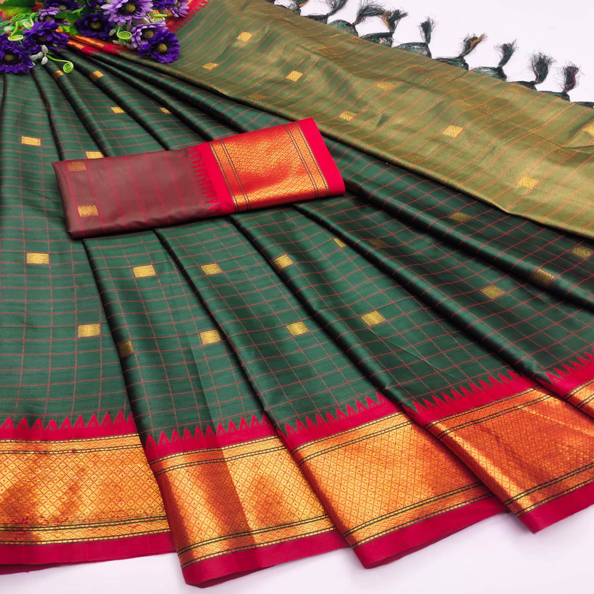 Bottle Green Woven Cotton Silk Saree With Tassels