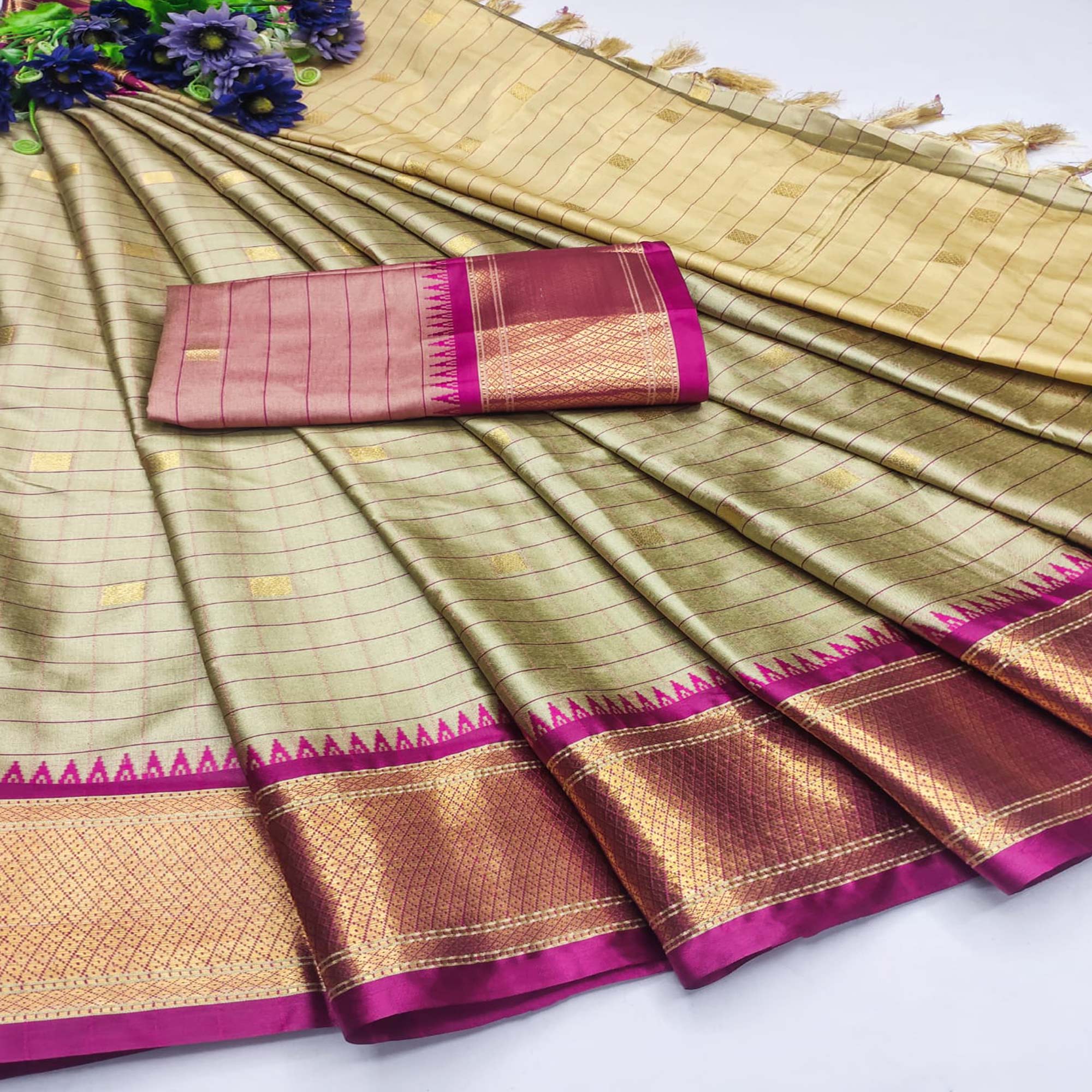 Chikoo & Magenta Woven Cotton Silk Saree With Tassels