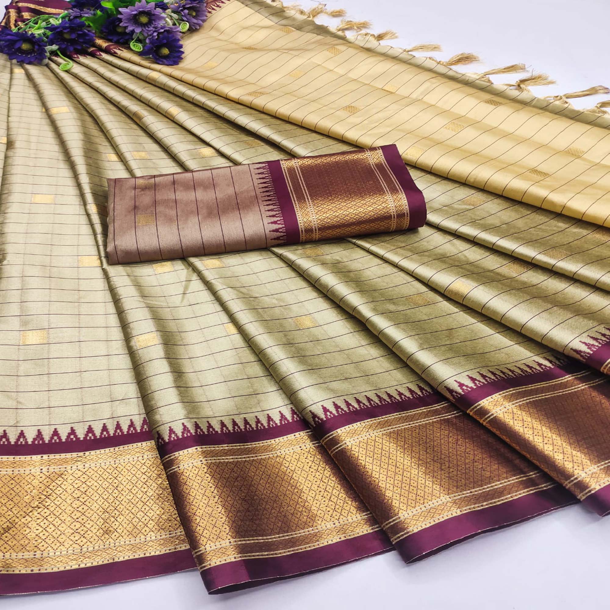 Chikoo & Wine Woven Cotton Silk Saree With Tassels