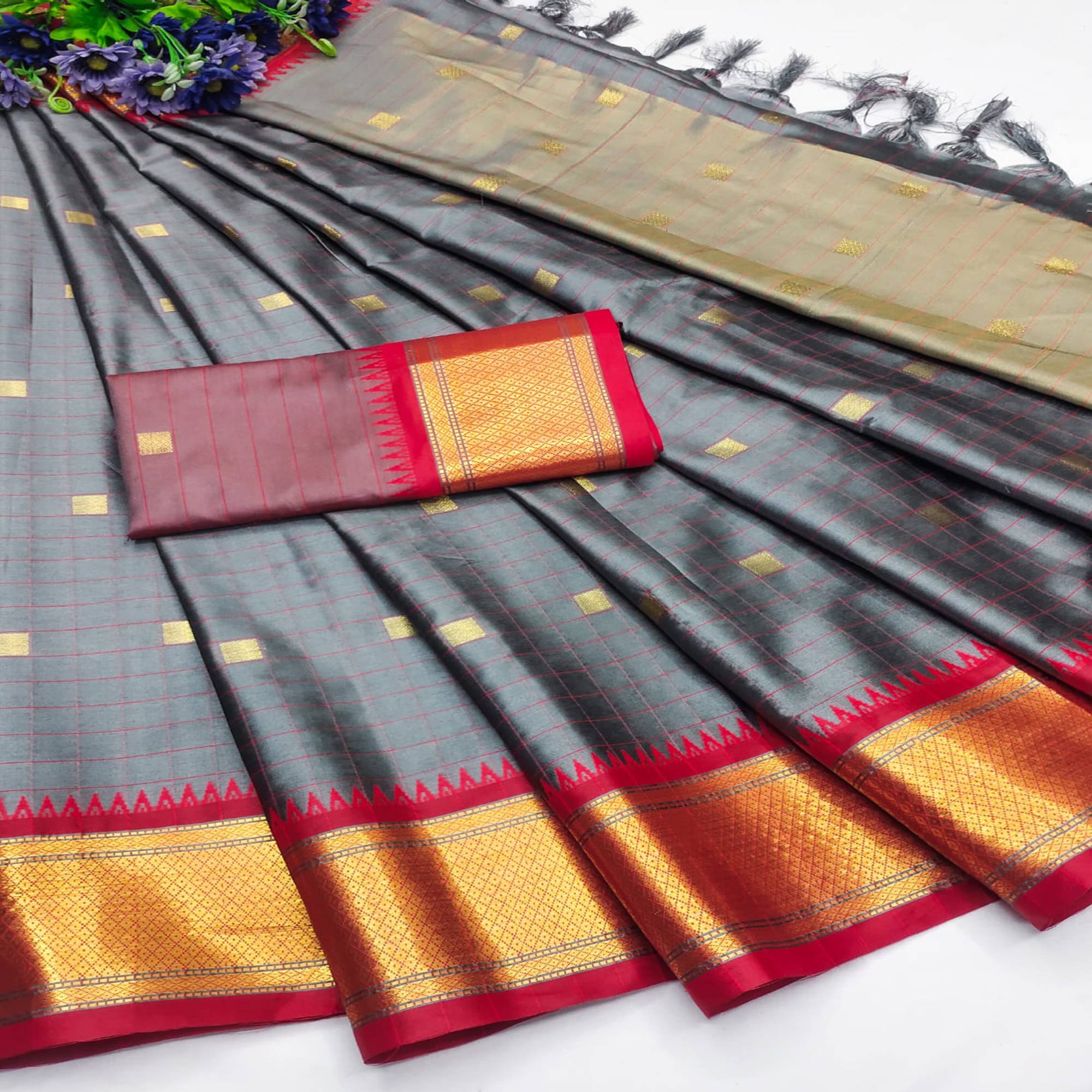 Grey Woven Cotton Silk Saree With Tassels