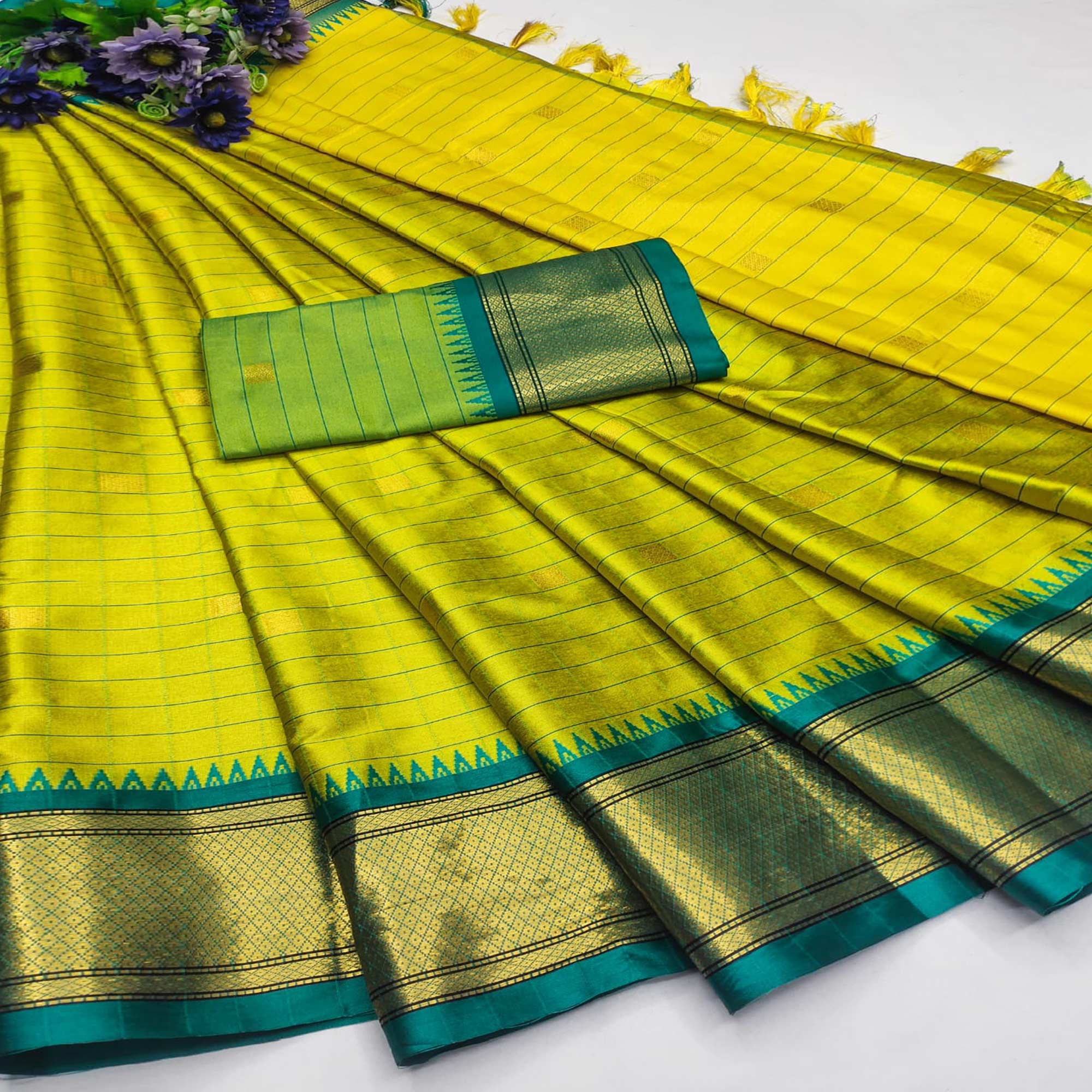 Lemon Green & Rama Woven Cotton Silk Saree With Tassels