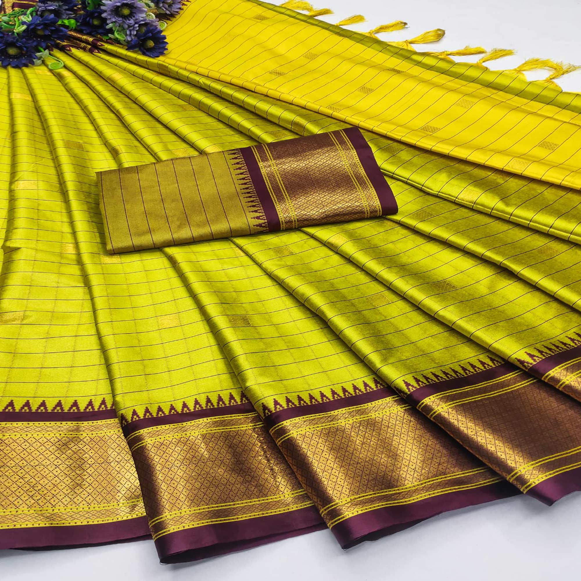 Lemon Green & Wine Woven Cotton Silk Saree With Tassels