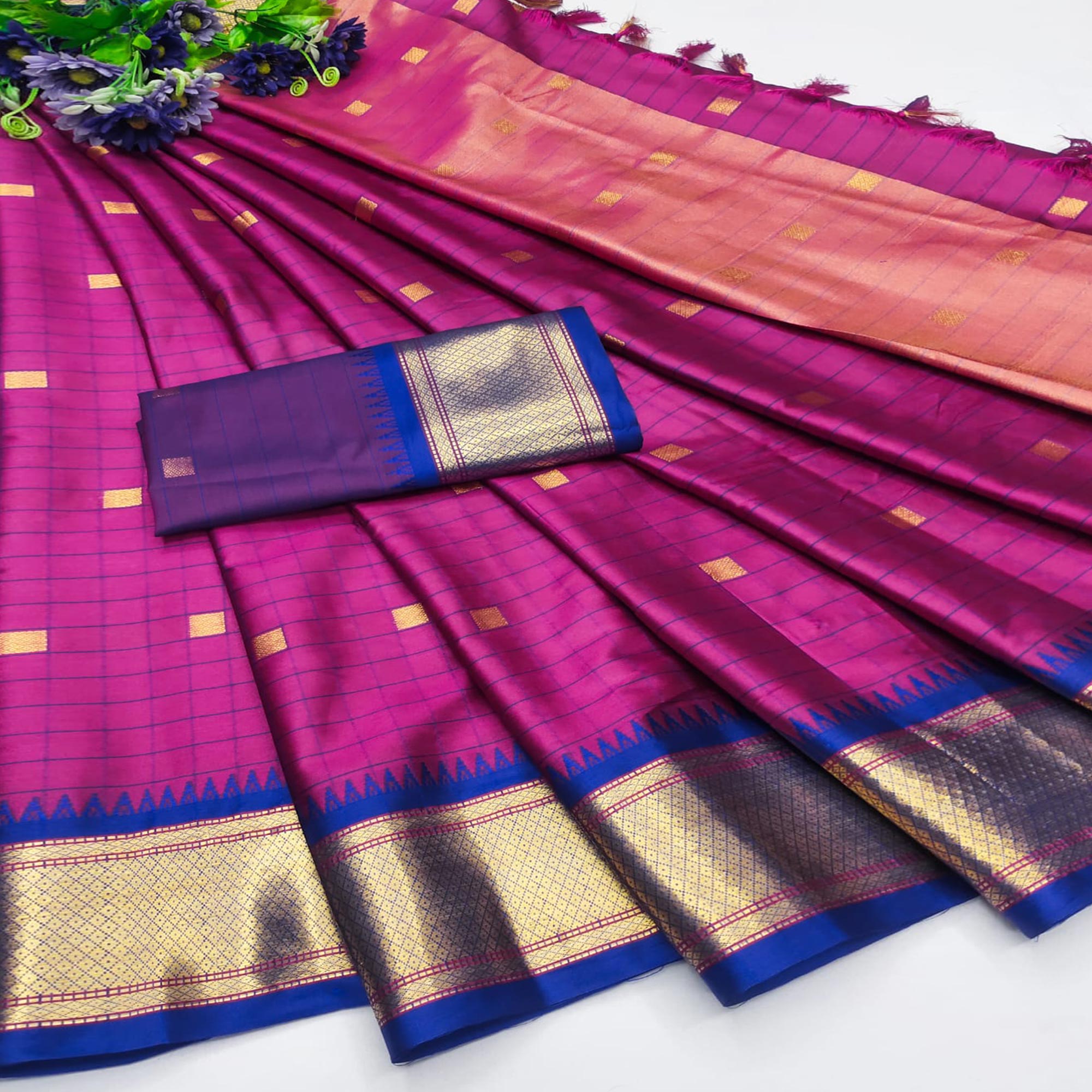 Magenta Woven Cotton Silk Saree With Tassels