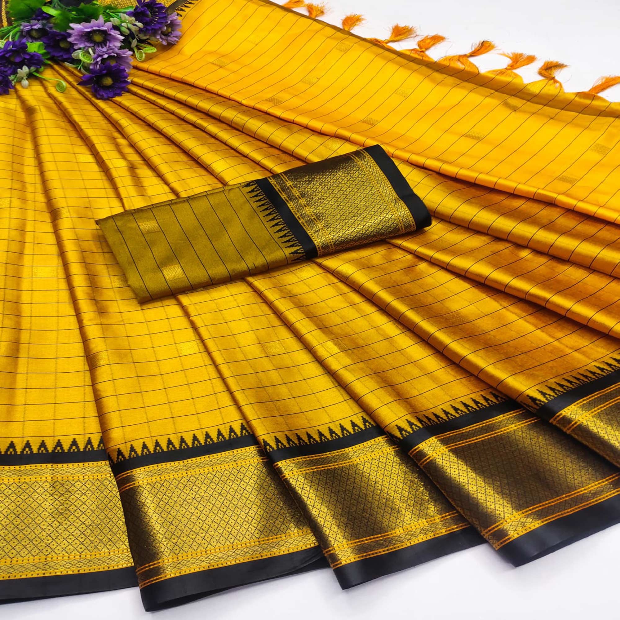 Mustard & Black Woven Cotton Silk Saree With Tassels