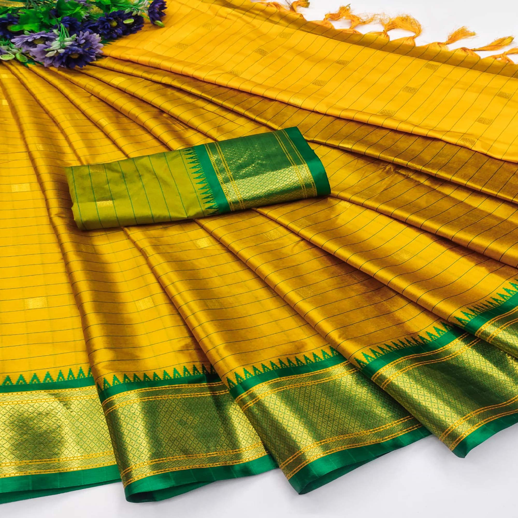 Mustard & Green Woven Cotton Silk Saree With Tassels