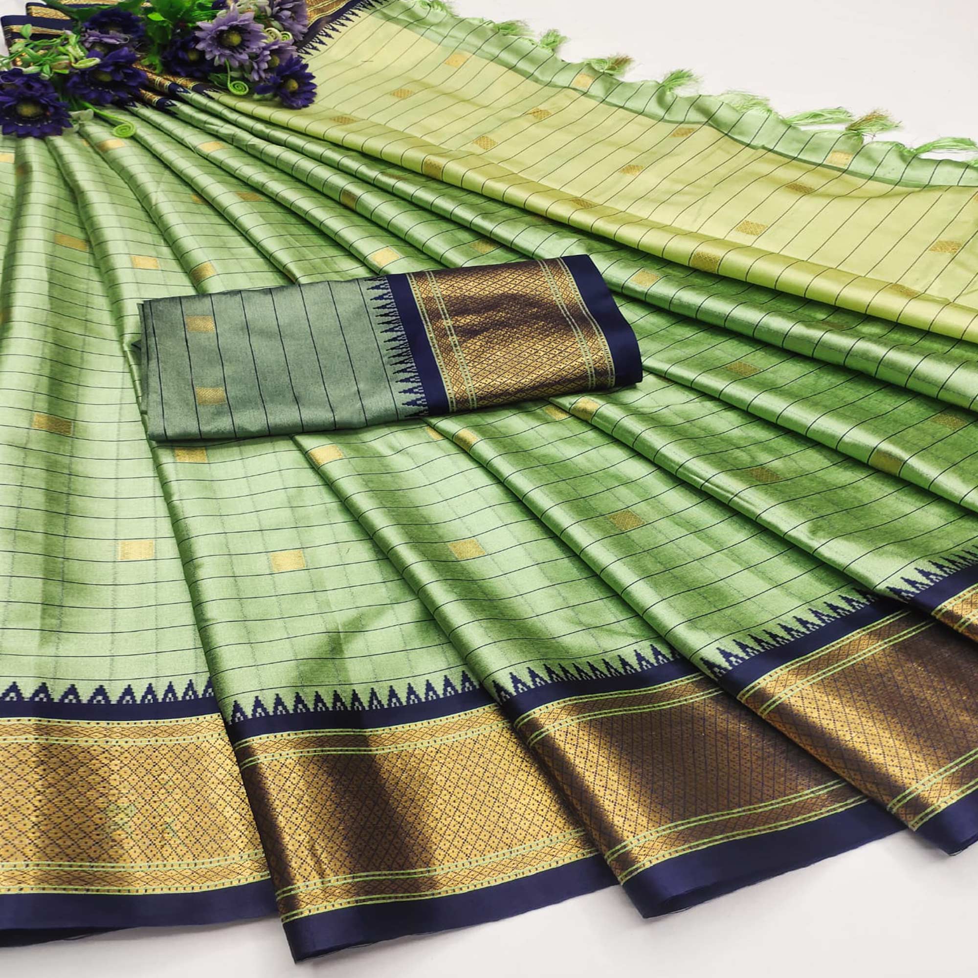 Pista Green Woven Cotton Silk Saree With Tassels