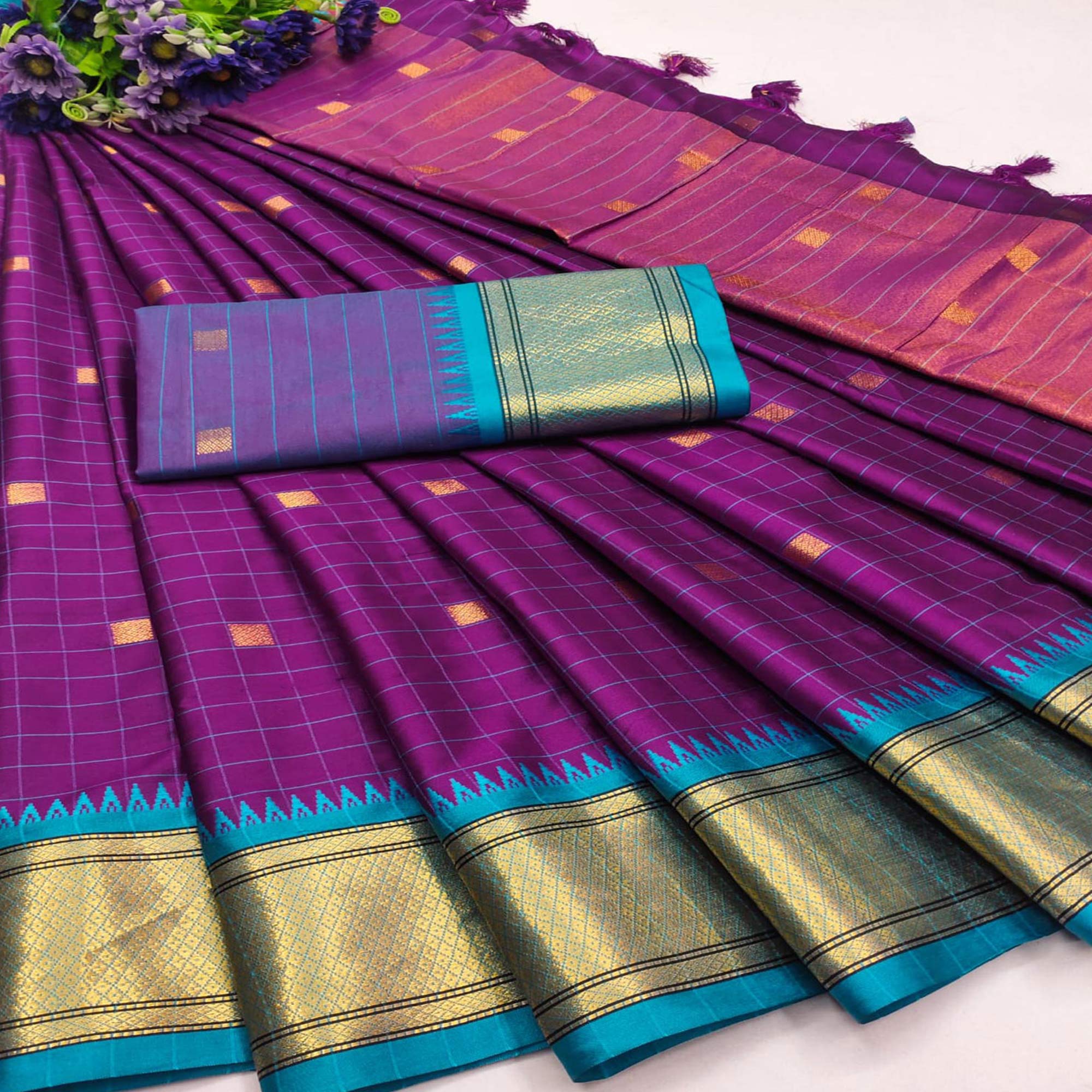 Purple & Blue Woven Cotton Silk Saree With Tassels