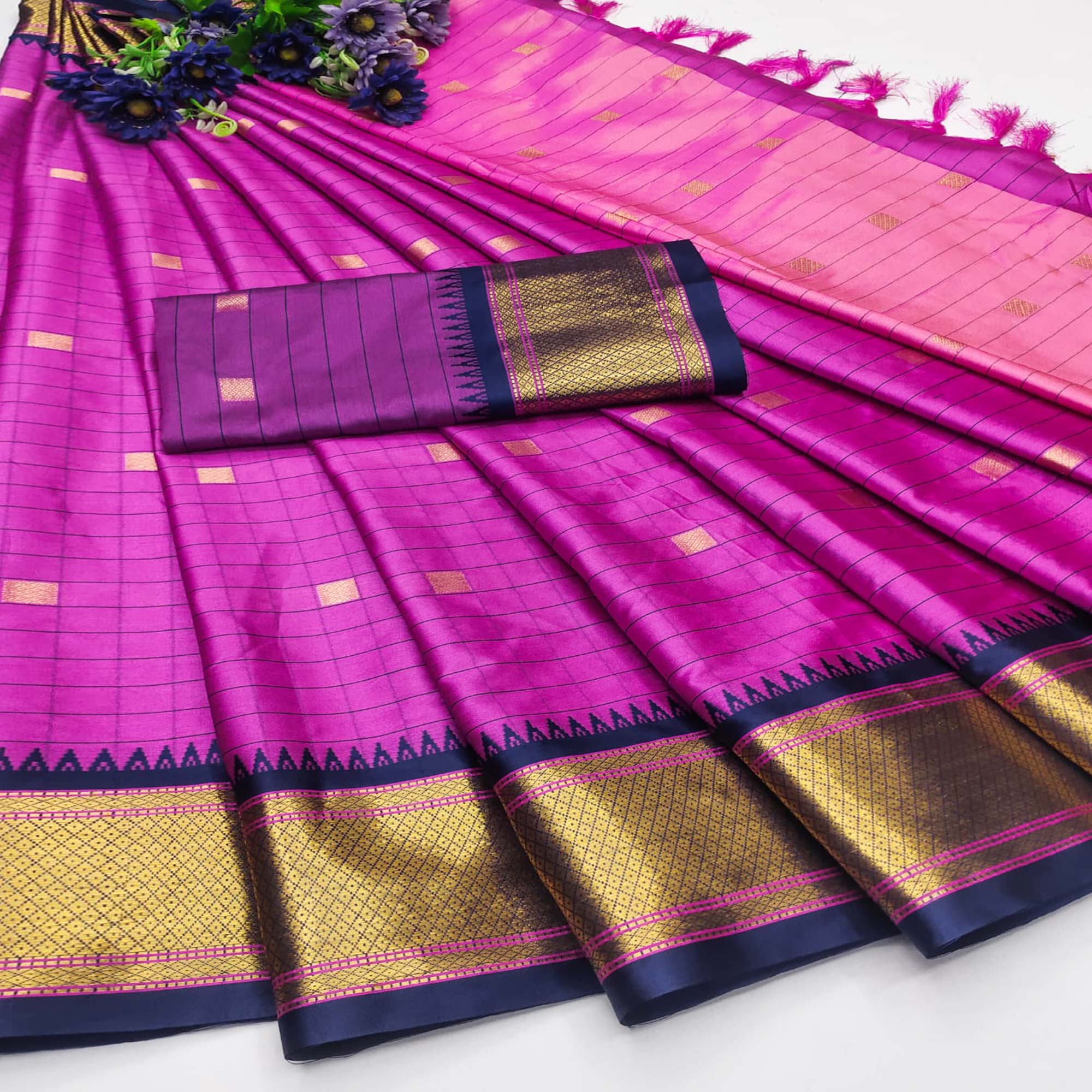 Rani Pink Woven Cotton Silk Saree With Tassels