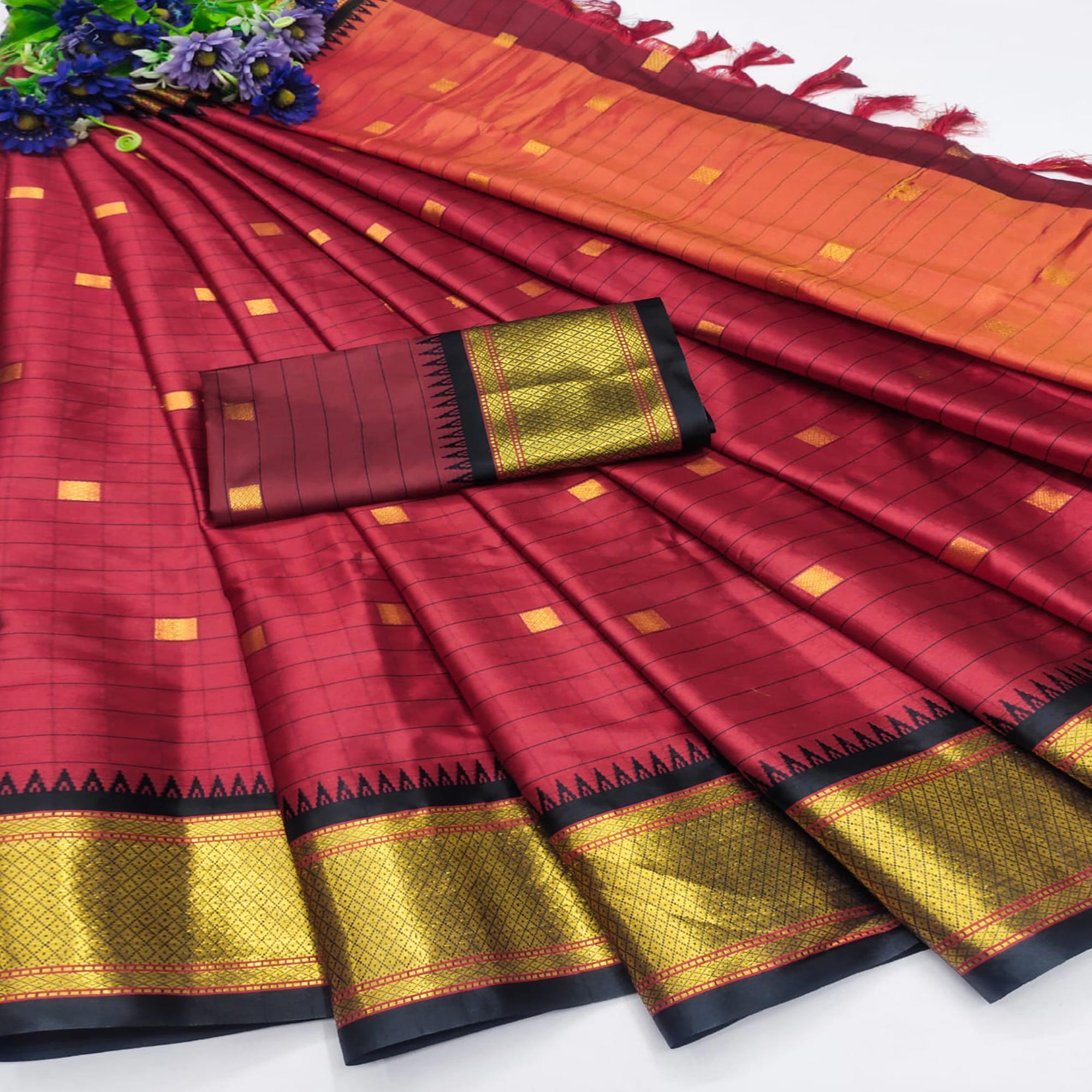 Red Woven Cotton Silk Saree With Tassels